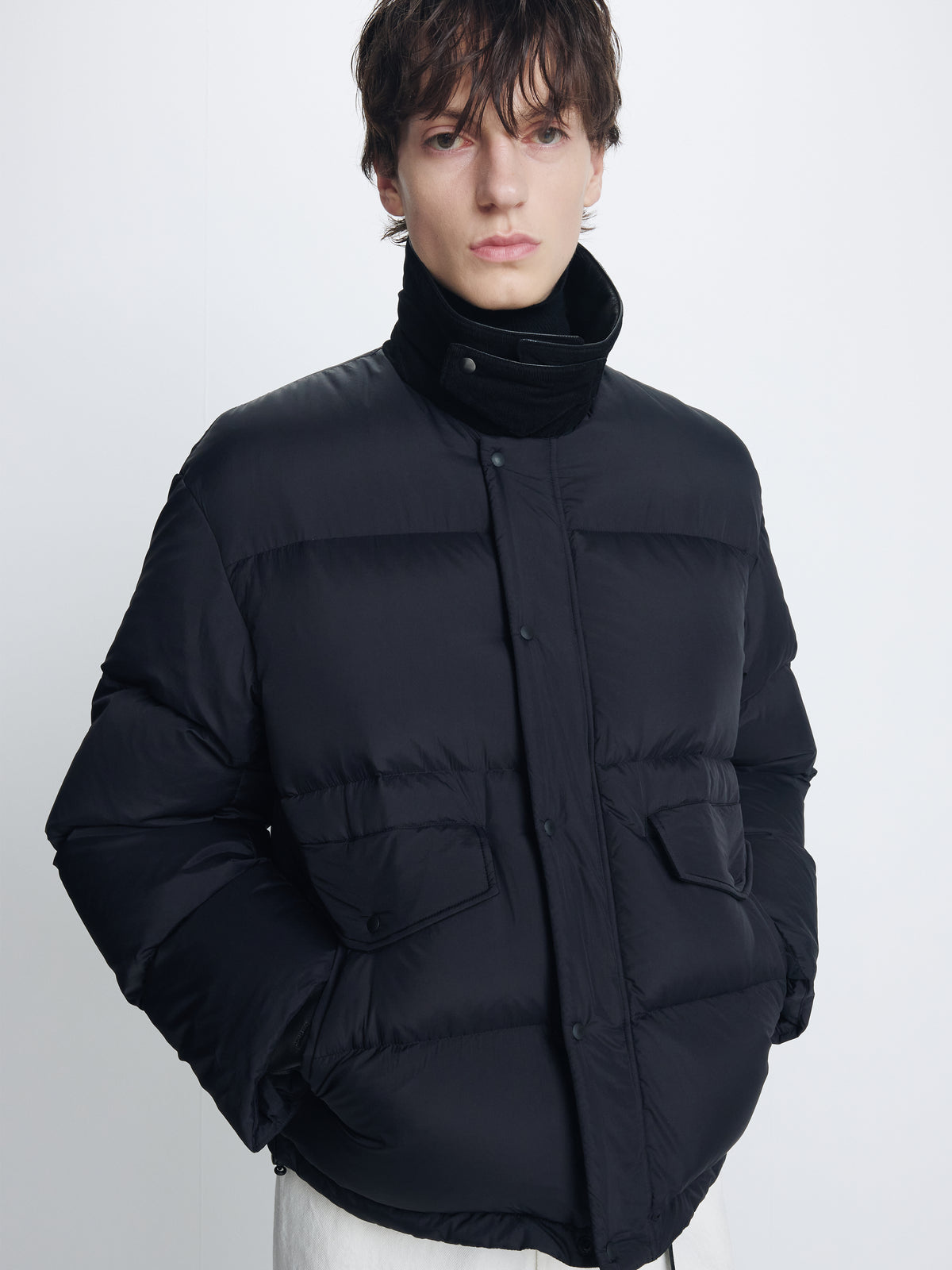LEATHER COLLAR DOWN PUFFER BLOUSON_ BLACK