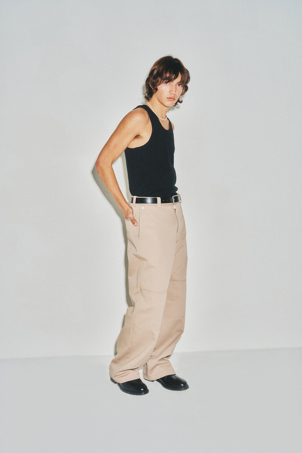 Hard Twist Semi-wide Cut Double Knee Pants_ Beige