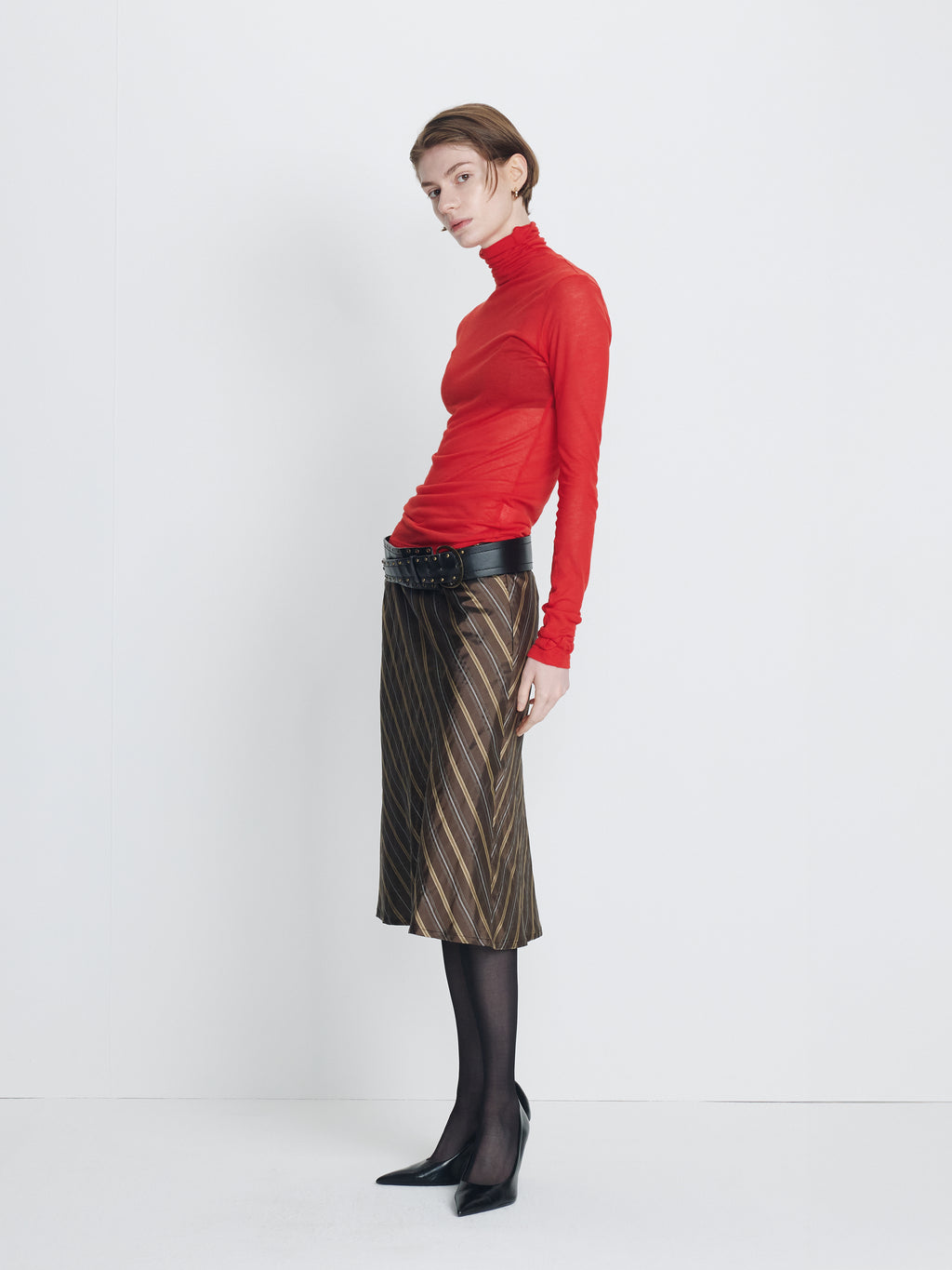 (W) SILK STRIPES MIDI-SKIRT_ BROWN STRIPE