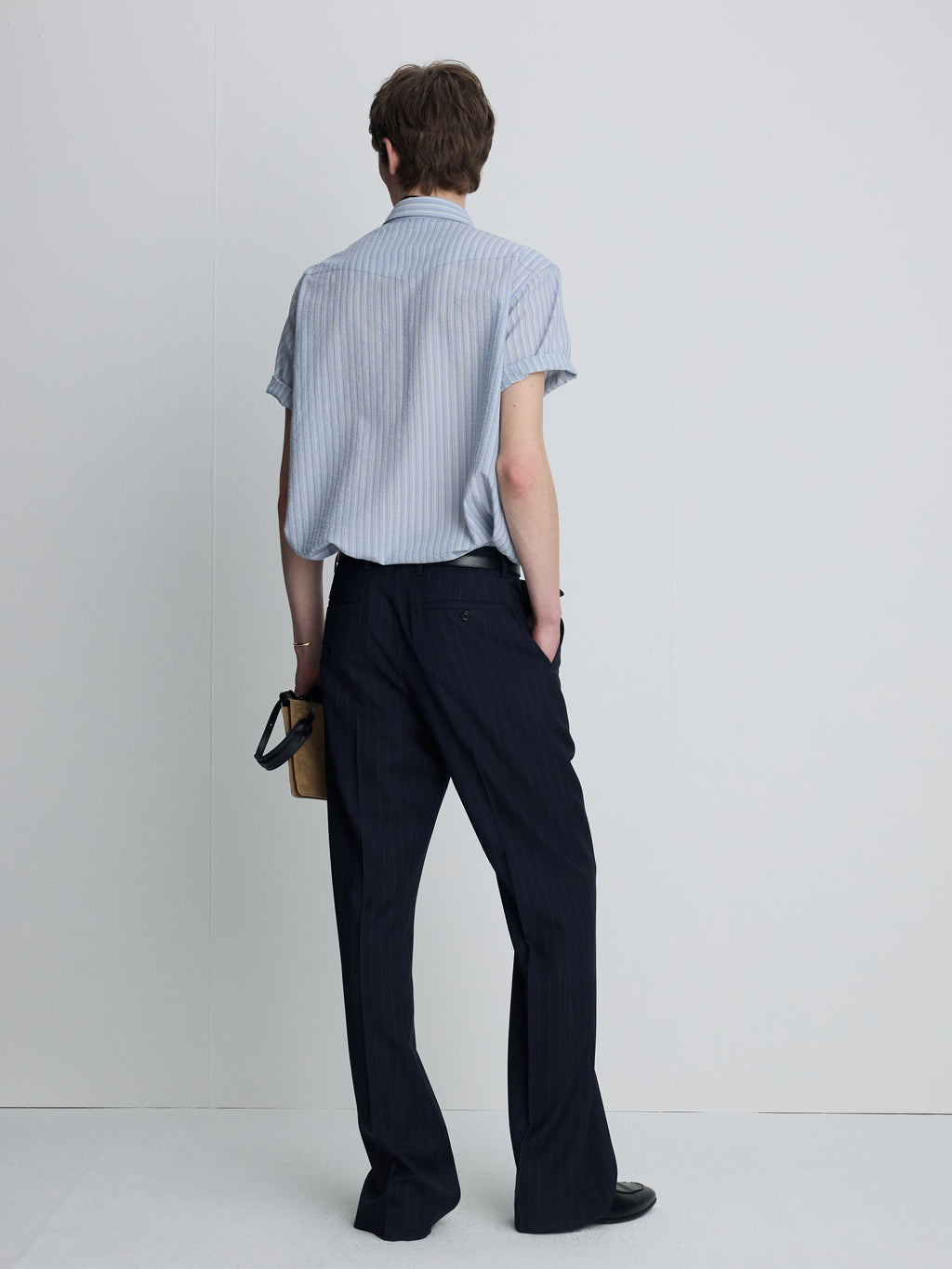 TROPICAL WOOL FLARED TROUSERS_ NAVY STRIPE