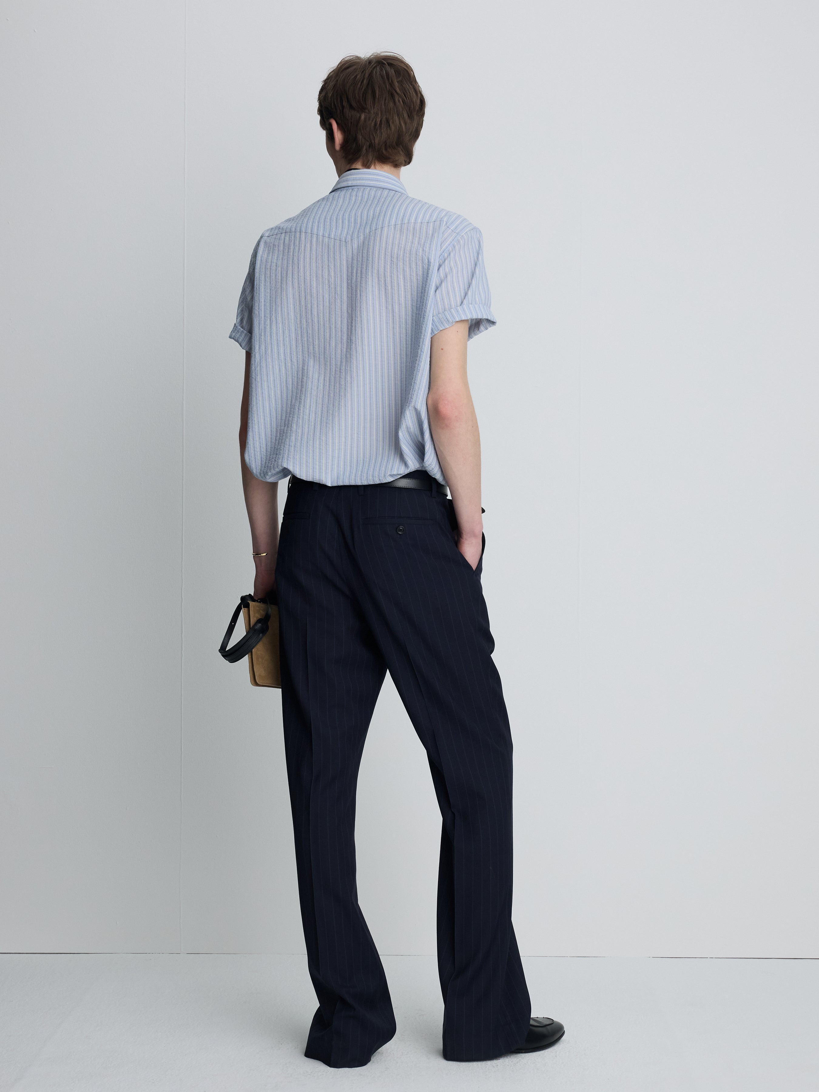 TROPICAL WOOL FLARED TROUSERS_ NAVY STRIPE