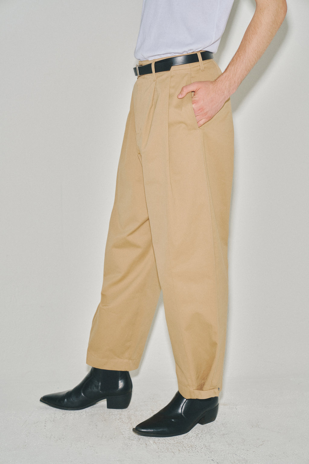 Wide Cut Hidden Snap Closure Trousers_ Beige