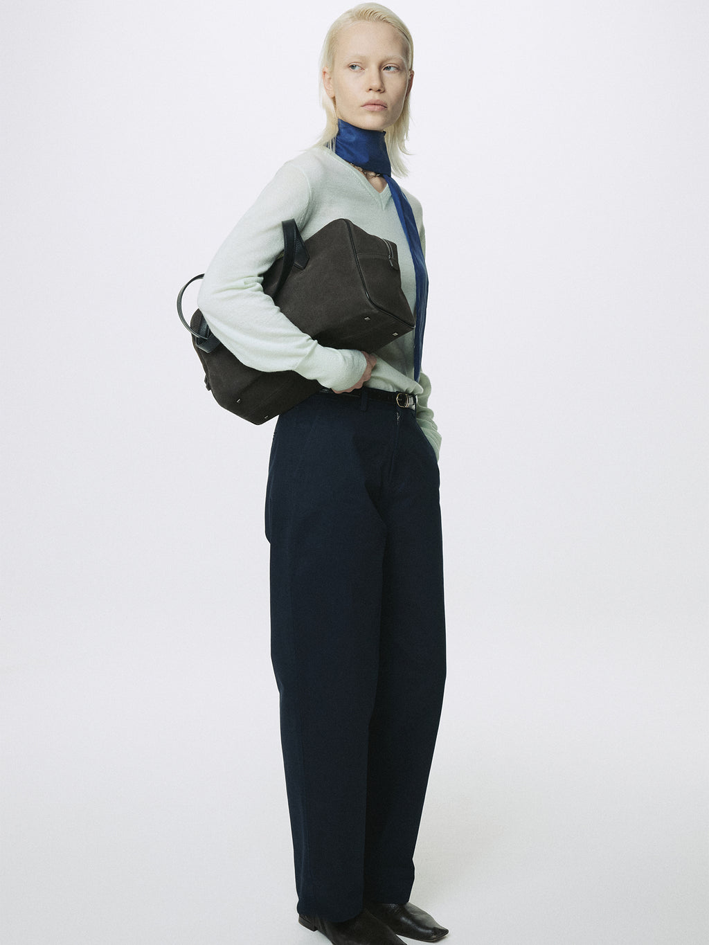 (W)  LEATHER TRIM SUEDE SQUARE VALISE BAG_ DARK PECAN
