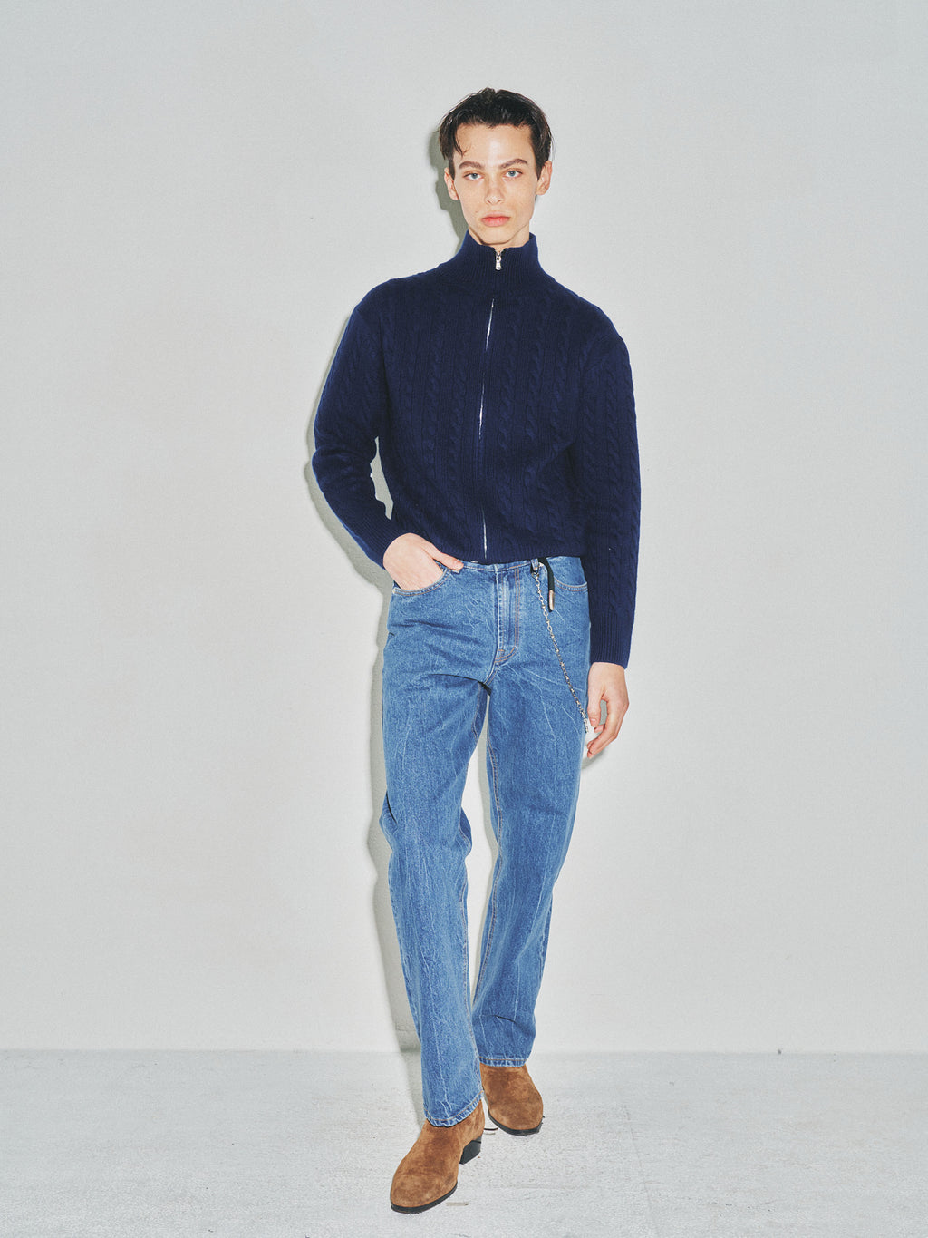 Super Fine Wool Cable Knit Zip-up_ Navy Blue