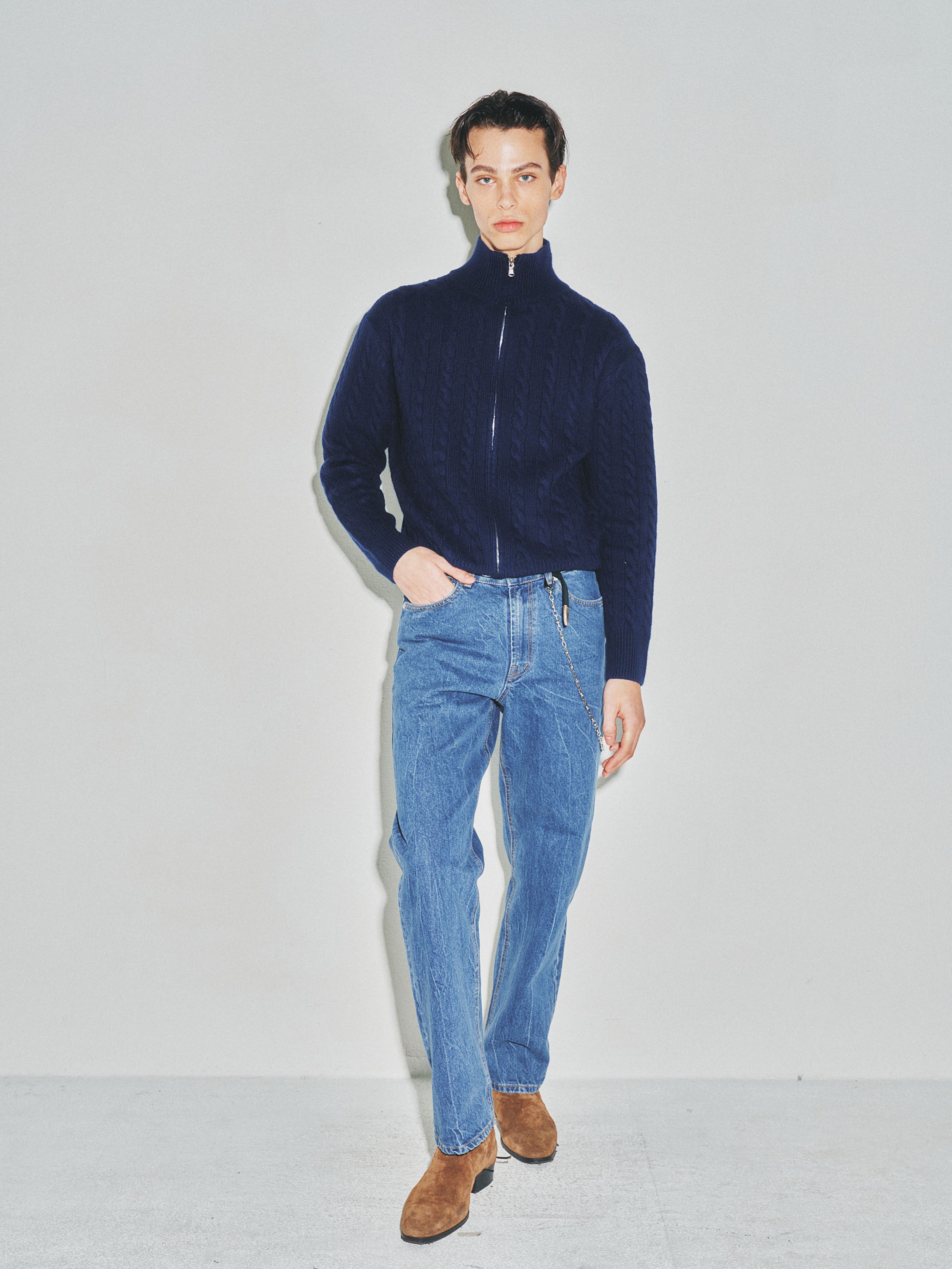 Super Fine Wool Cable Knit Zip-up_ Navy Blue