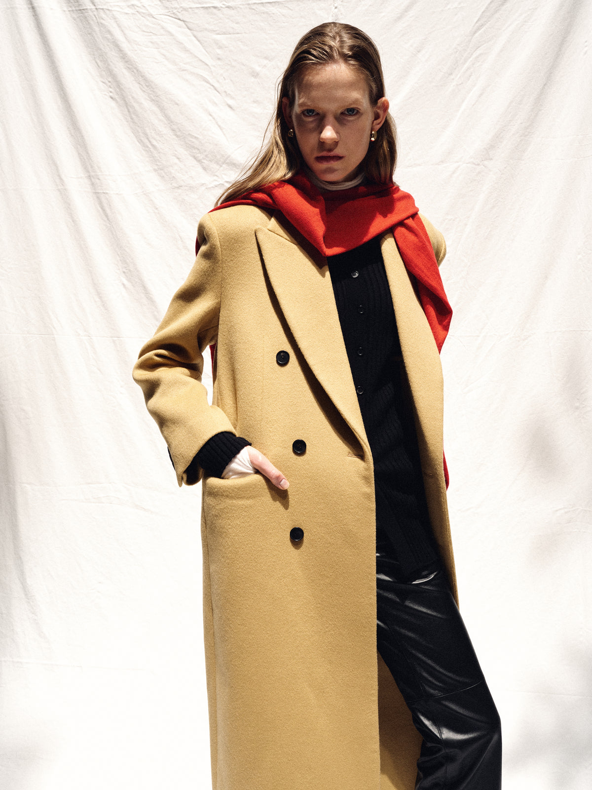 (W) WOOL TAILORED DOUBLE-BREASTED MAXI COAT_ CAMEL