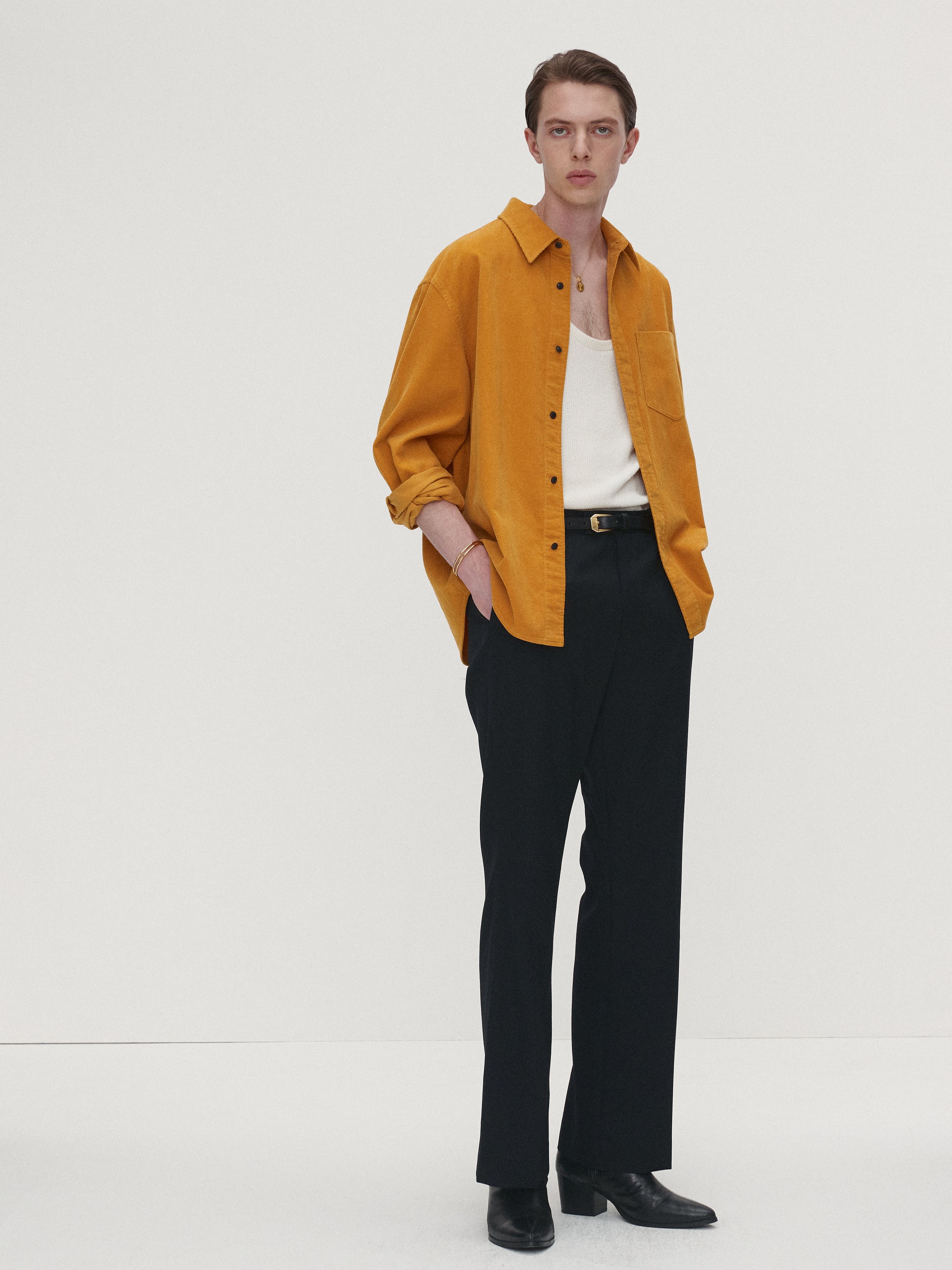 WASHED CORDUROY DISTRESSED SHIRT_ MUSTARD