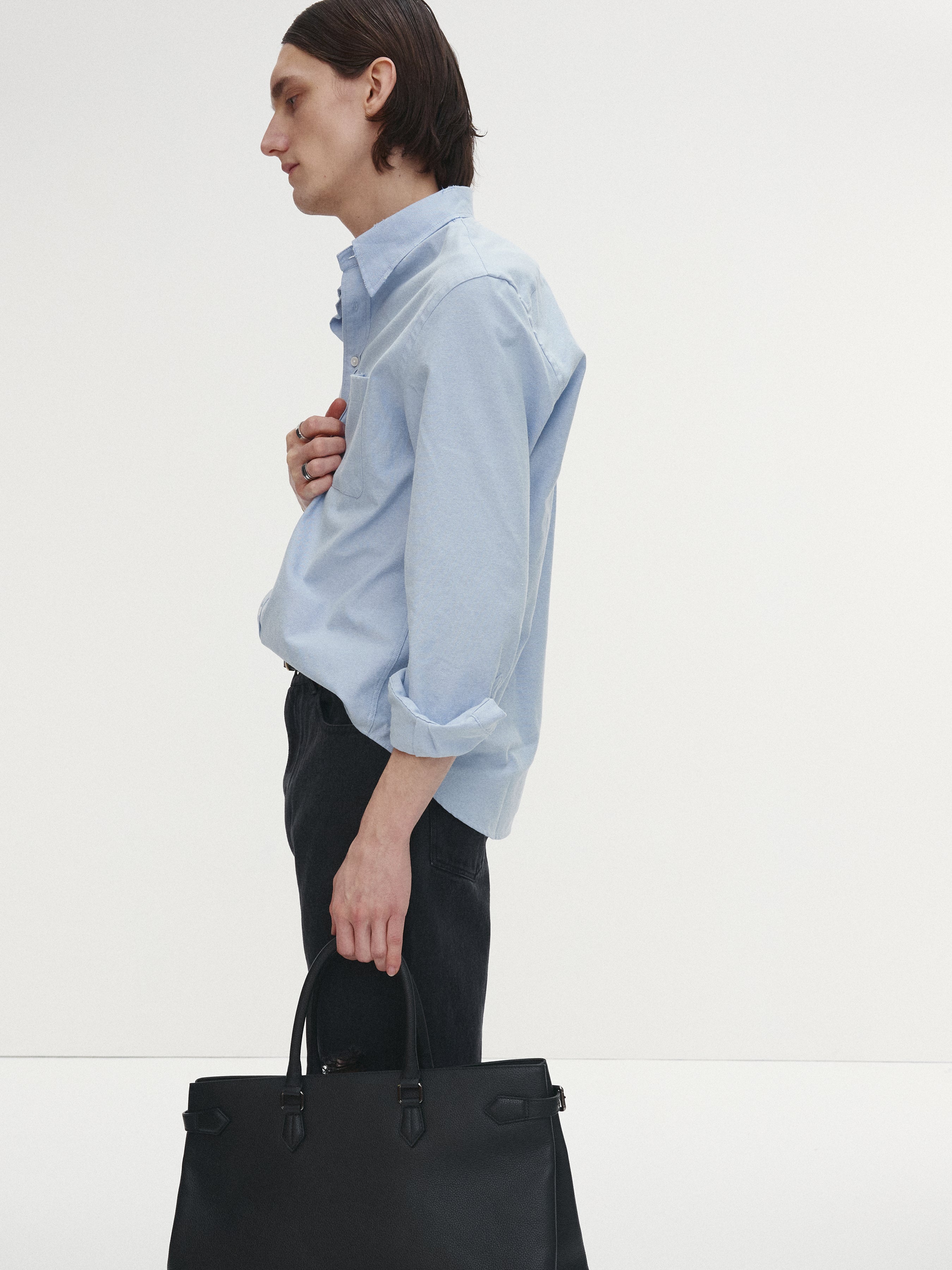 COTTON LYOCELL DISTRESSED OXFORD SHIRT_ SKY BLUE
