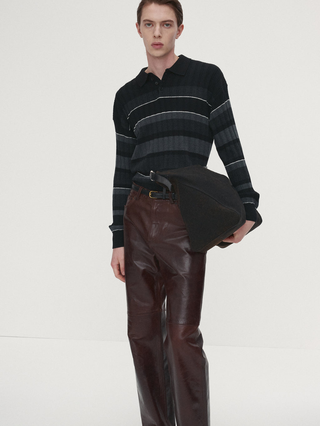 SUPER FINE WOOL RIBBED STRIPE POLO KNIT_ BLACK/GREY