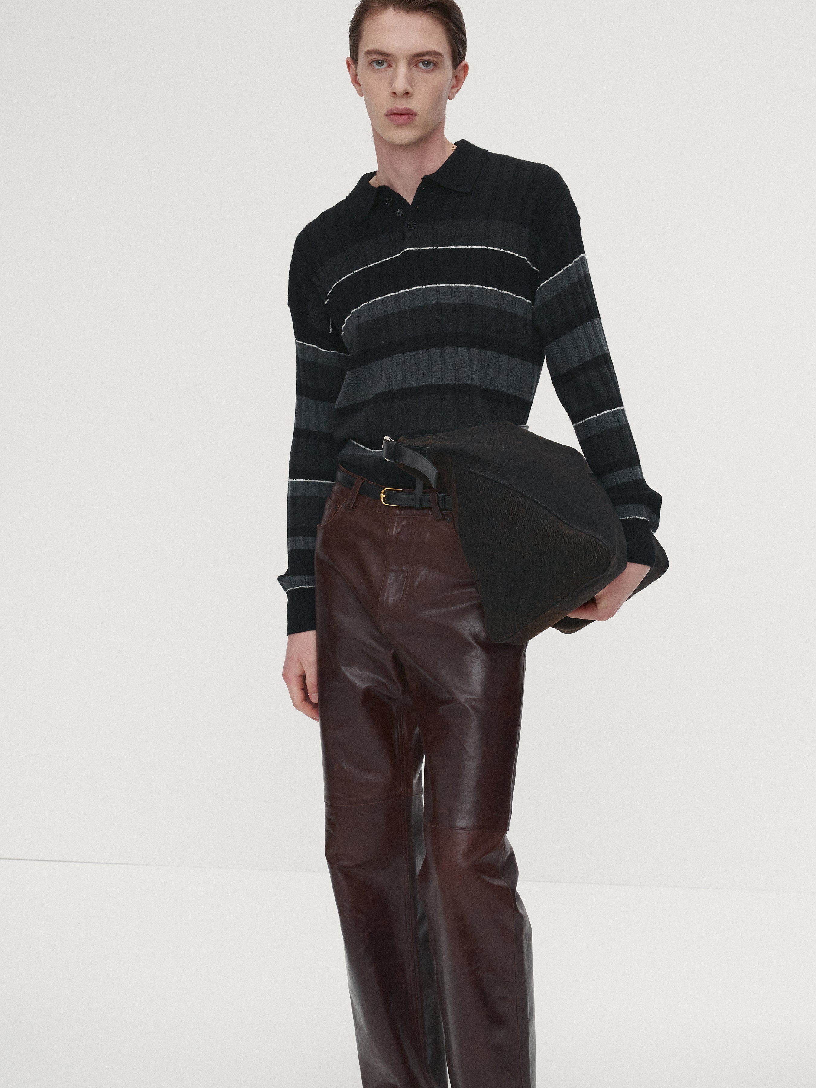 SUPER FINE WOOL RIBBED STRIPE POLO KNIT_ BLACK/GREY