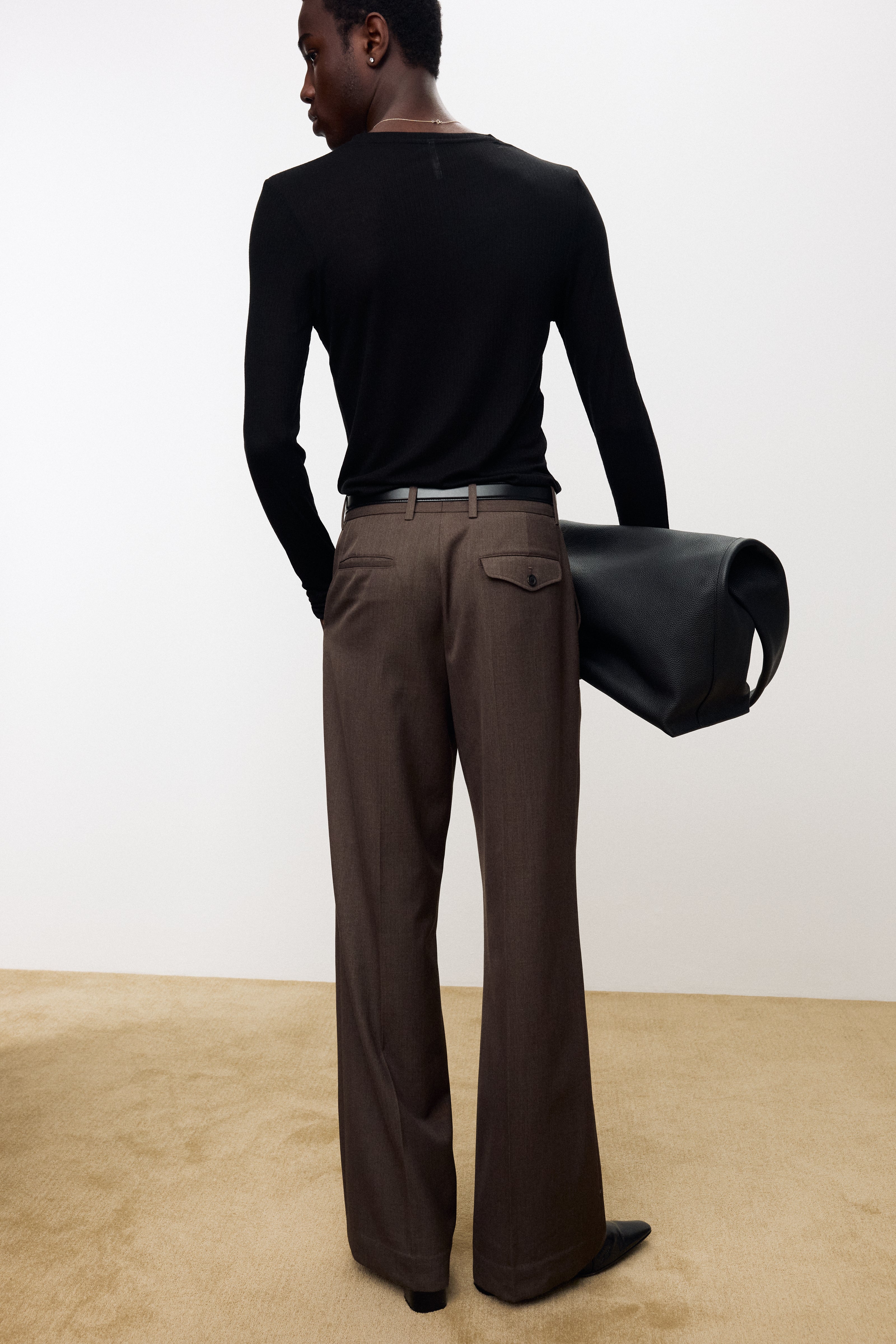 MELANGE WOOL WIDE-LEG PLEATED TROUSERS_ HAZELNUT