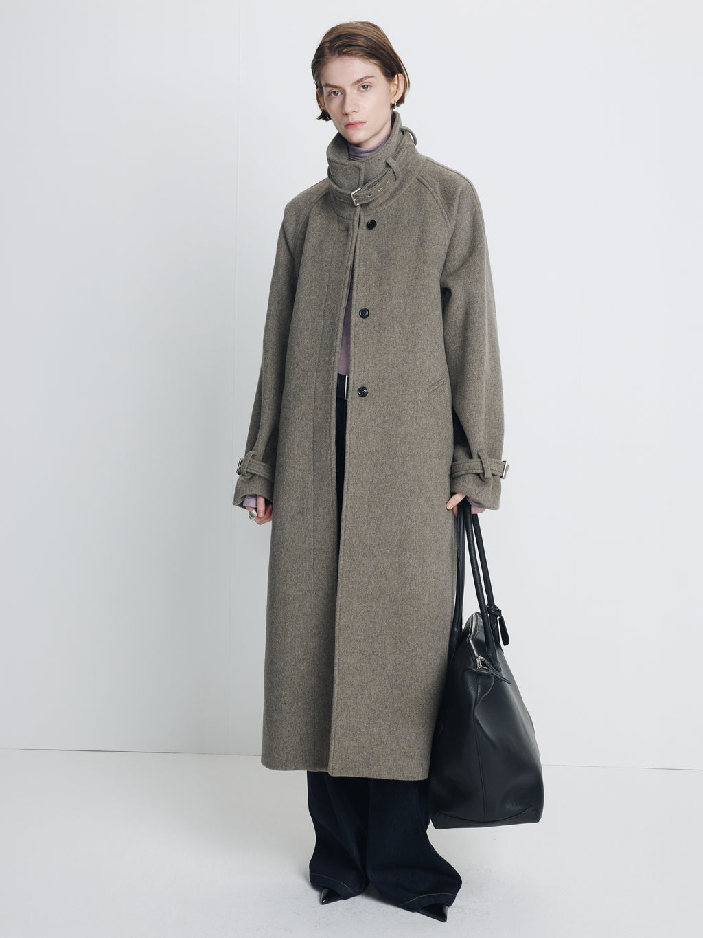 (W) HIGH-NECK BELTED WOOL COAT_ HEATHER GREY