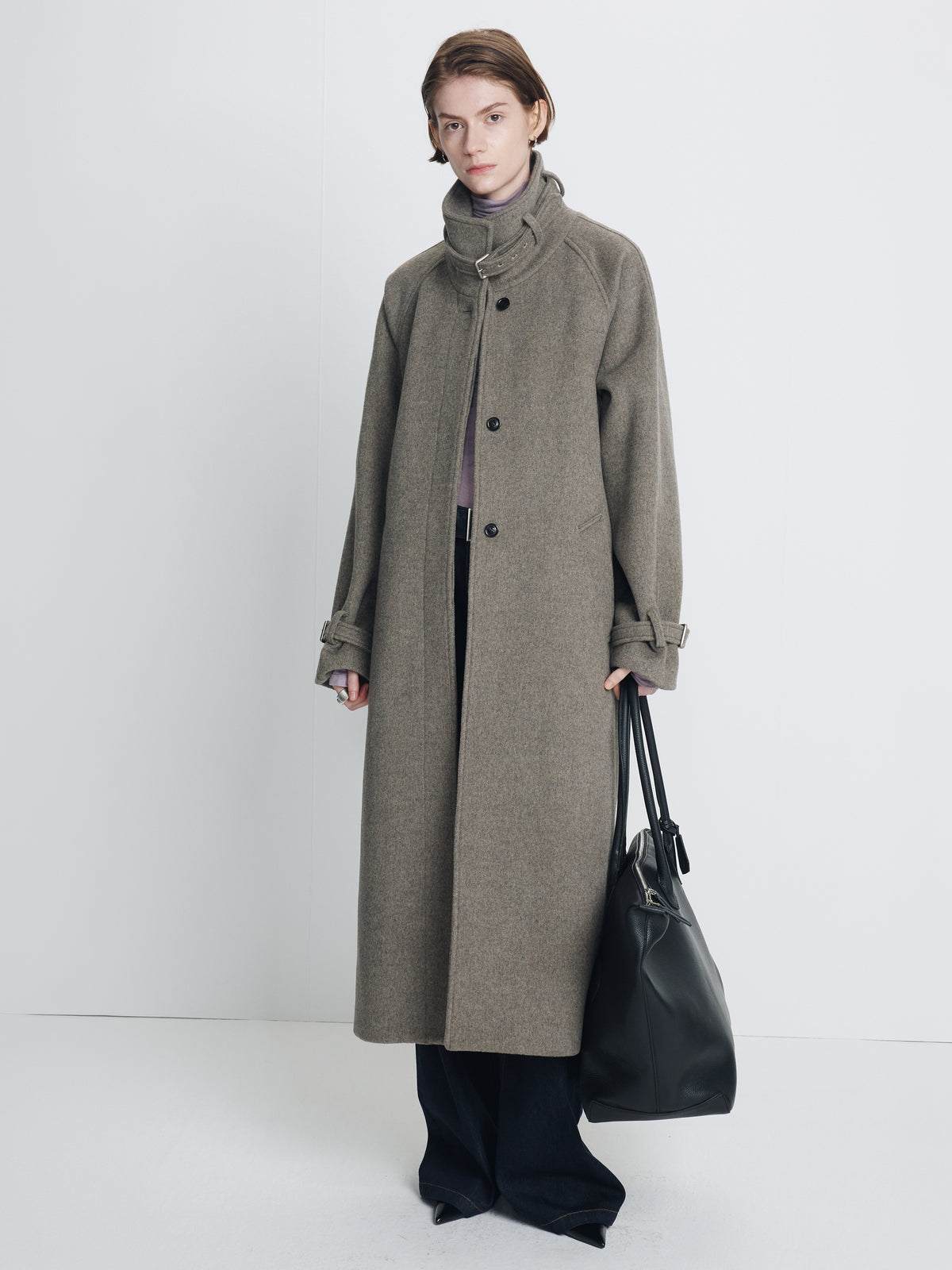 (W) HIGH-NECK BELTED WOOL COAT_ HEATHER GREY