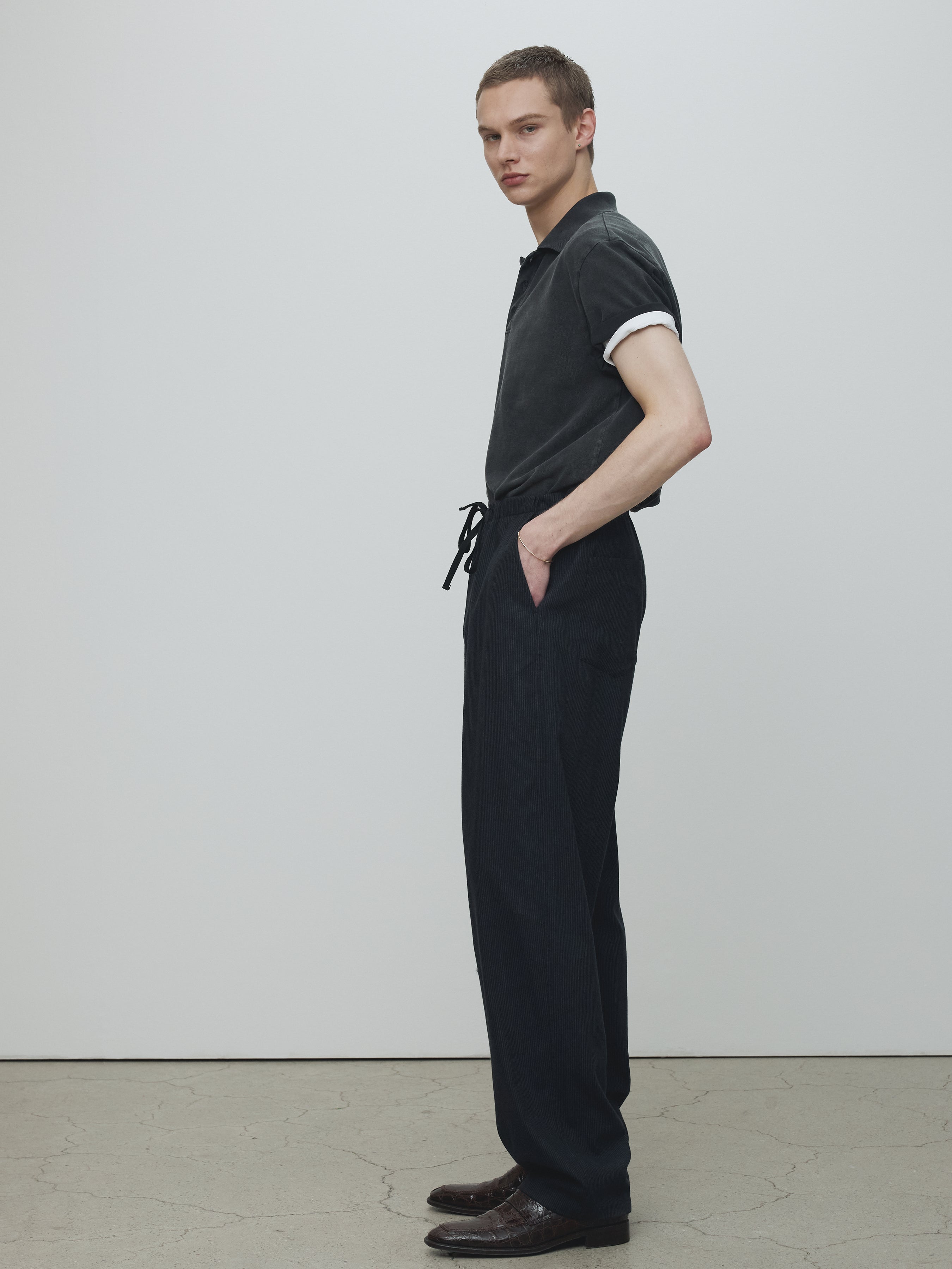 LIGHT WOOL COTTON DRAWSTRING TROUSERS_ NAVY STRIPE