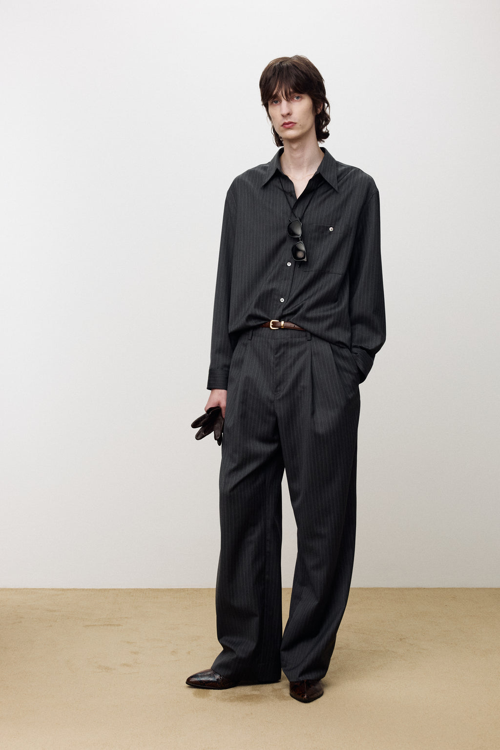 STRIPED WOOL DOUBLE-PLEATS WIDE TROUSERS_ GREY PINSTRIPE