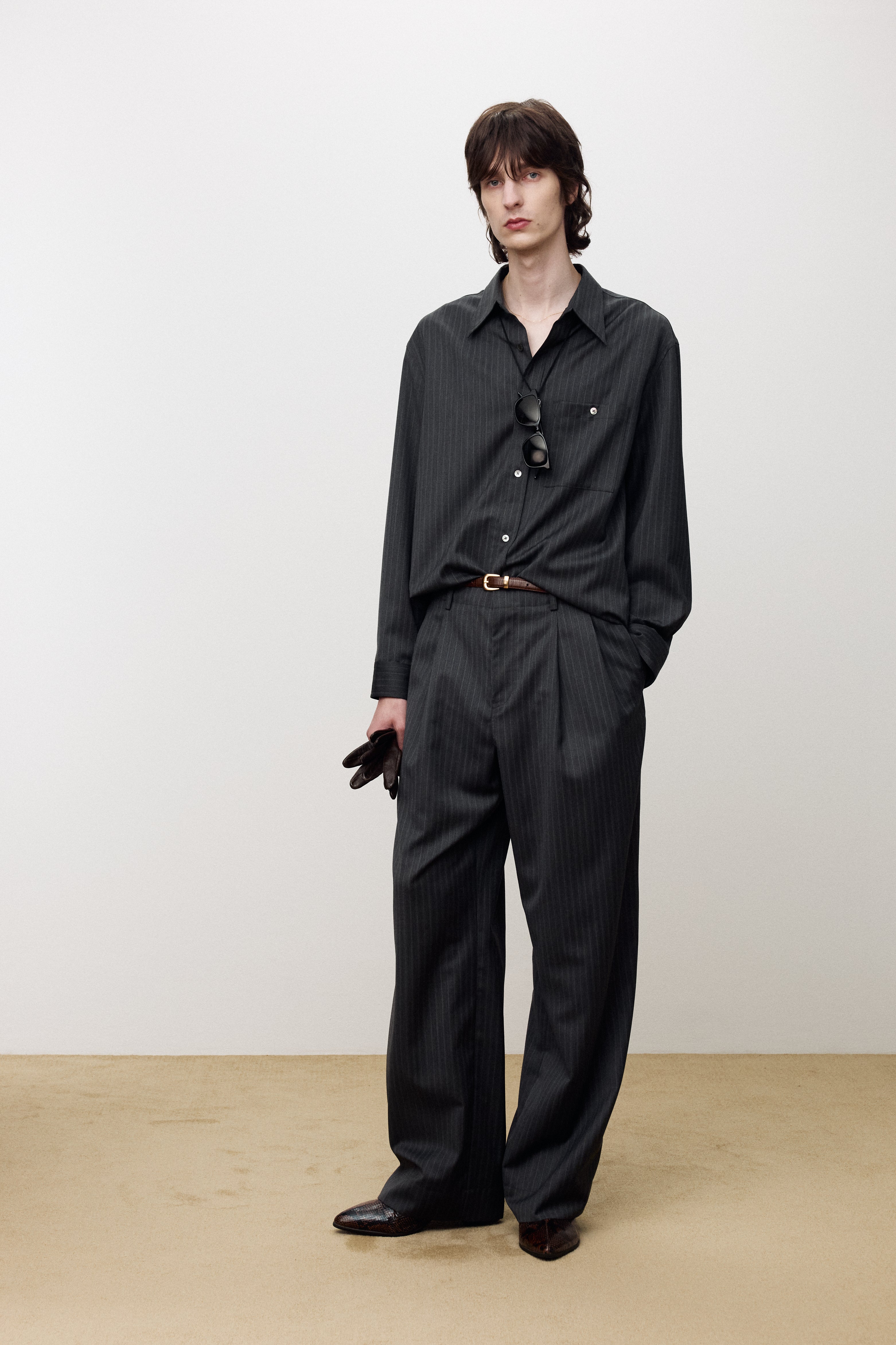 STRIPED WOOL DOUBLE-PLEATS WIDE TROUSERS_ GREY PINSTRIPE