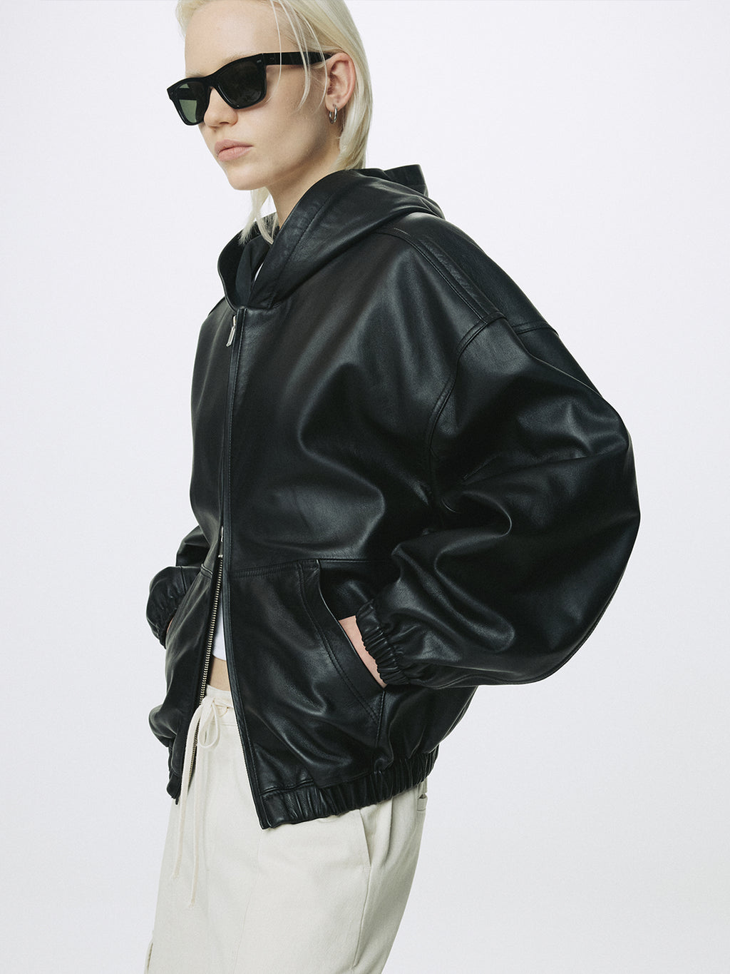 (W) NAPPA LEATHER HOODIE JACKET_ BLACK