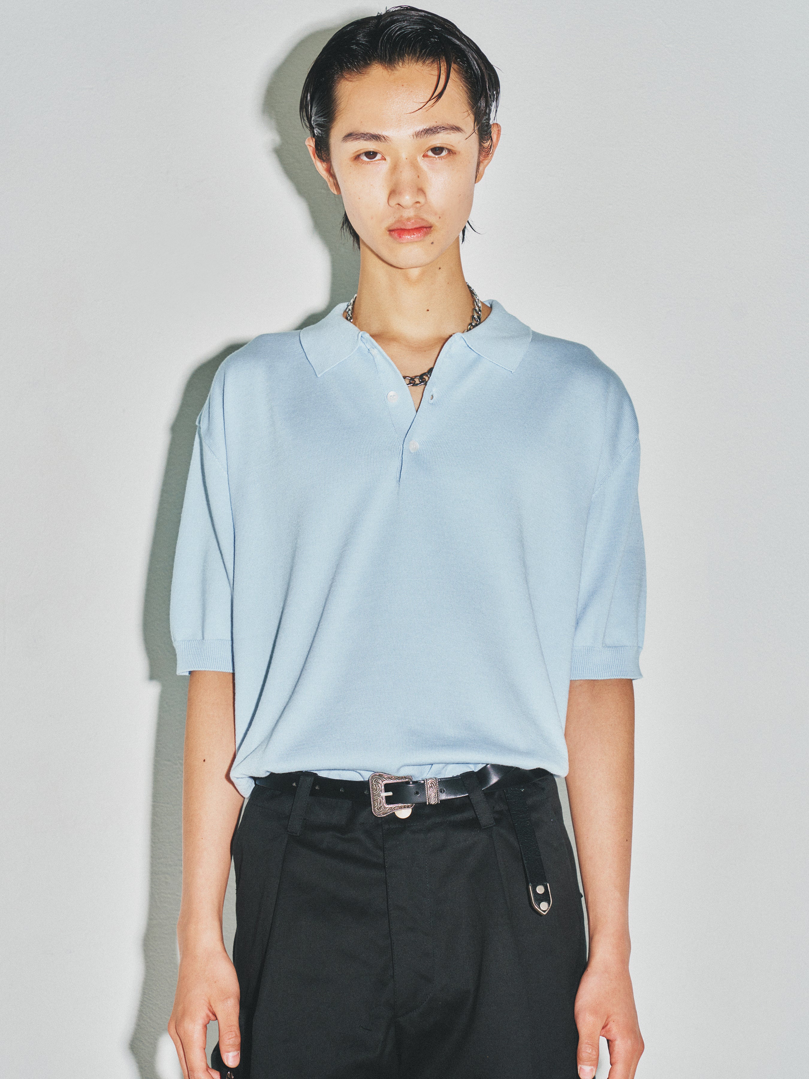 High Gauge Silk Cotton Polo Knit_ Baby Blue