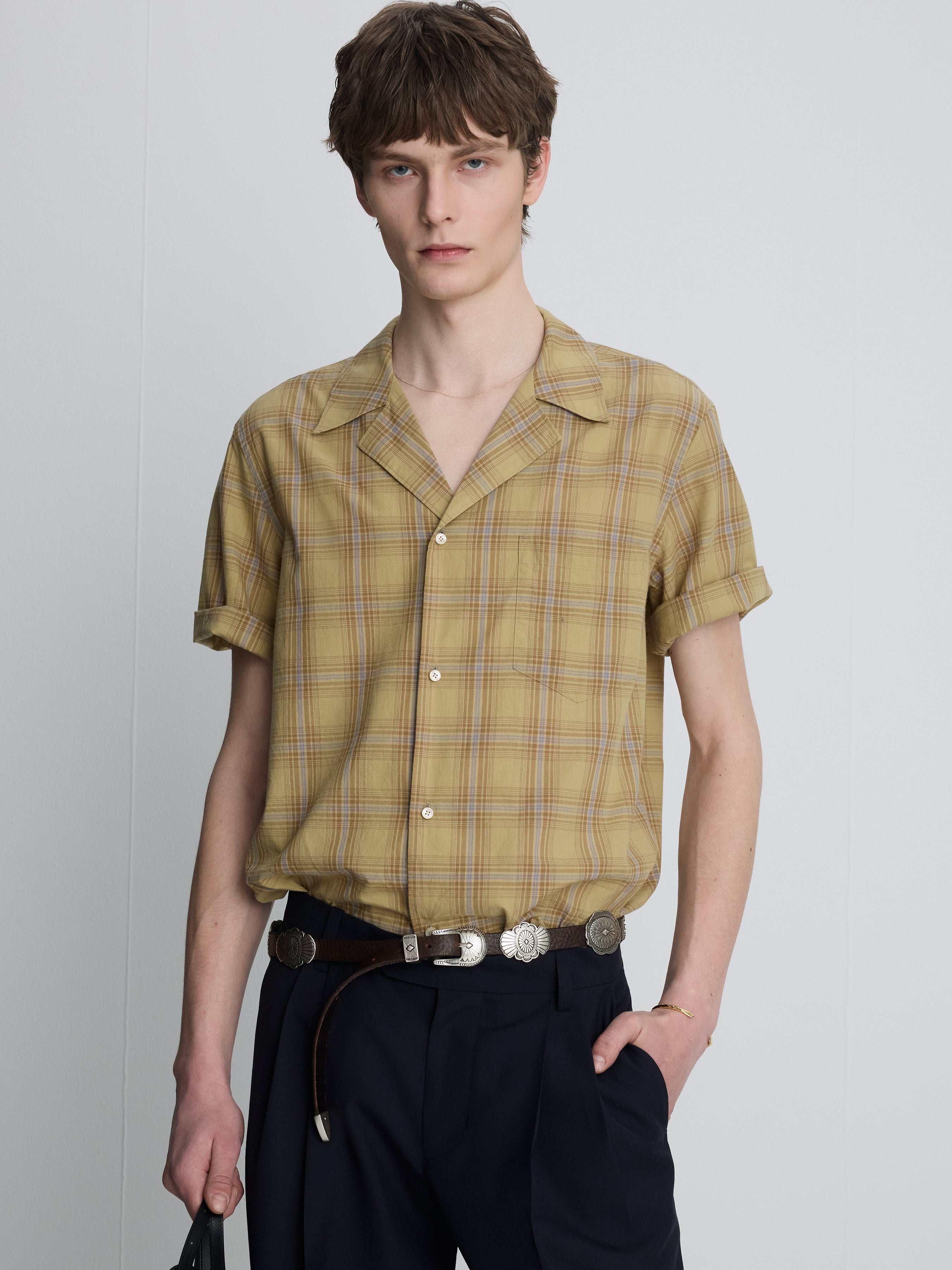 CHECKED COTTON BOWLING SHIRT_ DUSTY CITRON