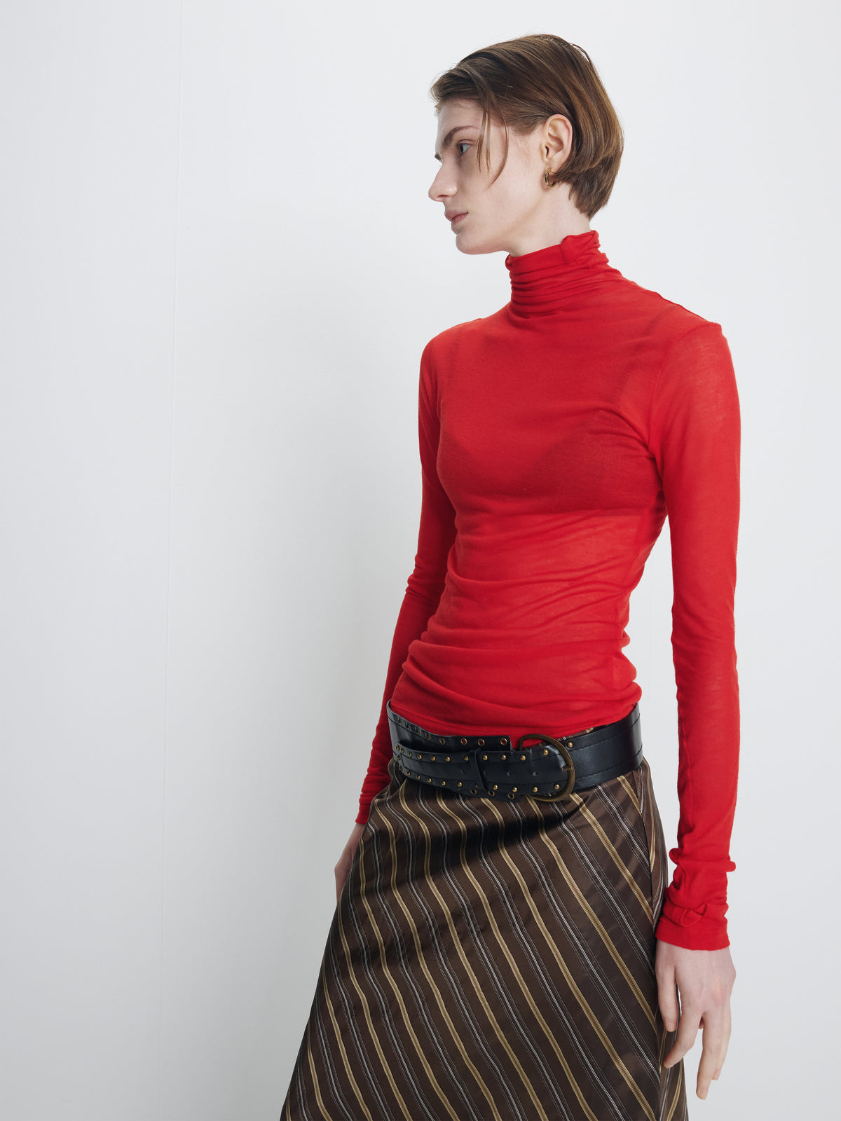 (W) SILK STRIPES MIDI-SKIRT_ BROWN STRIPE