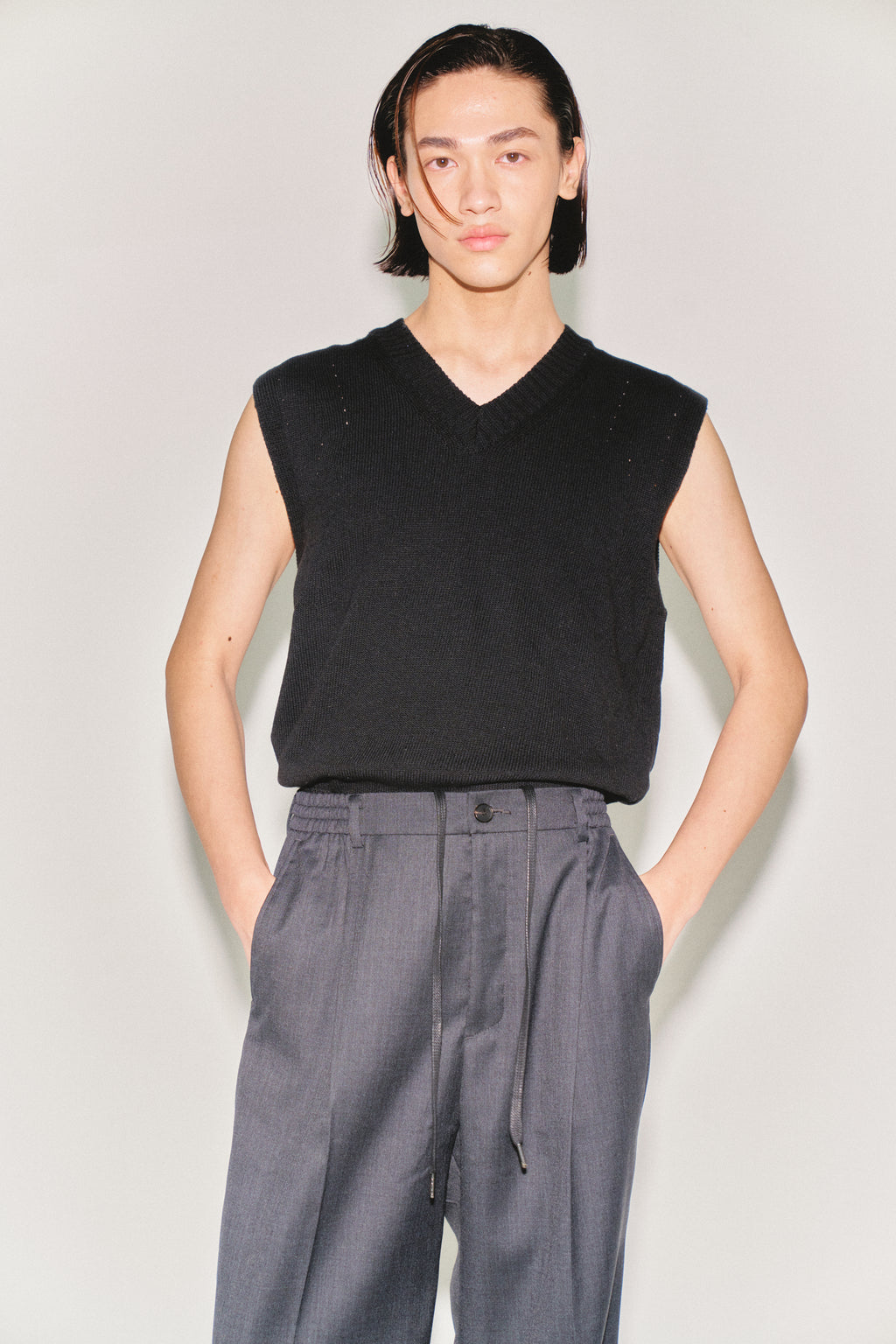 High-density Wool Drawstring Wide Trousers_ Grey