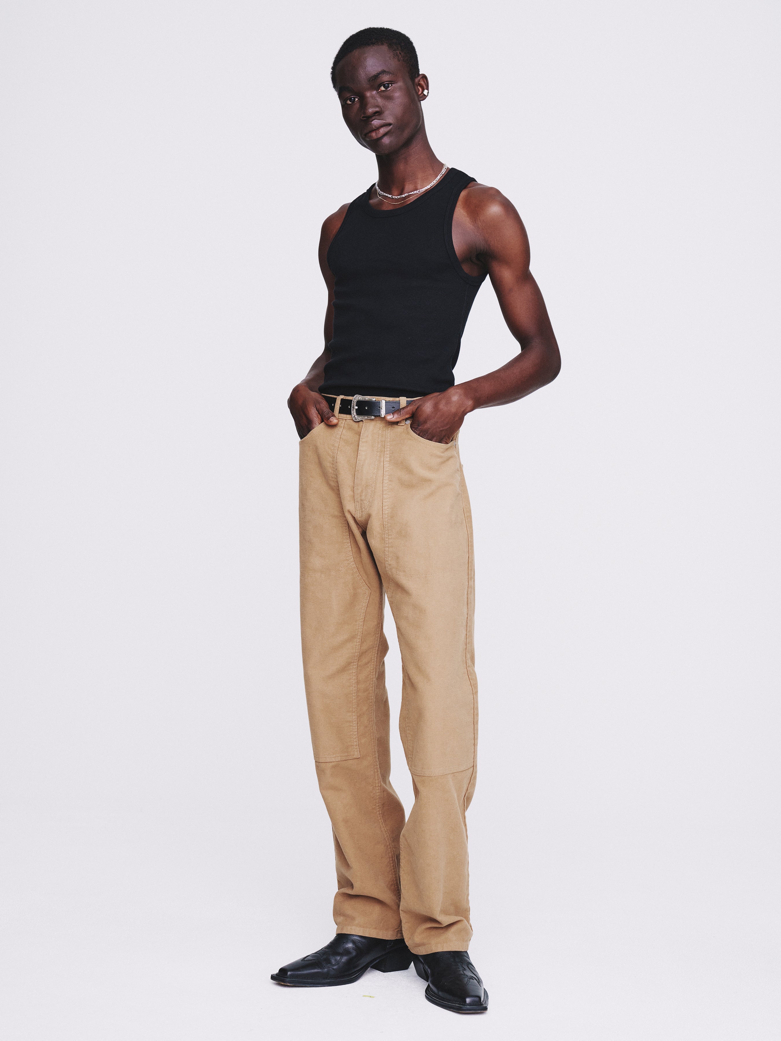 Garment-washed Moleskin Straight Pants_ Washed Beige