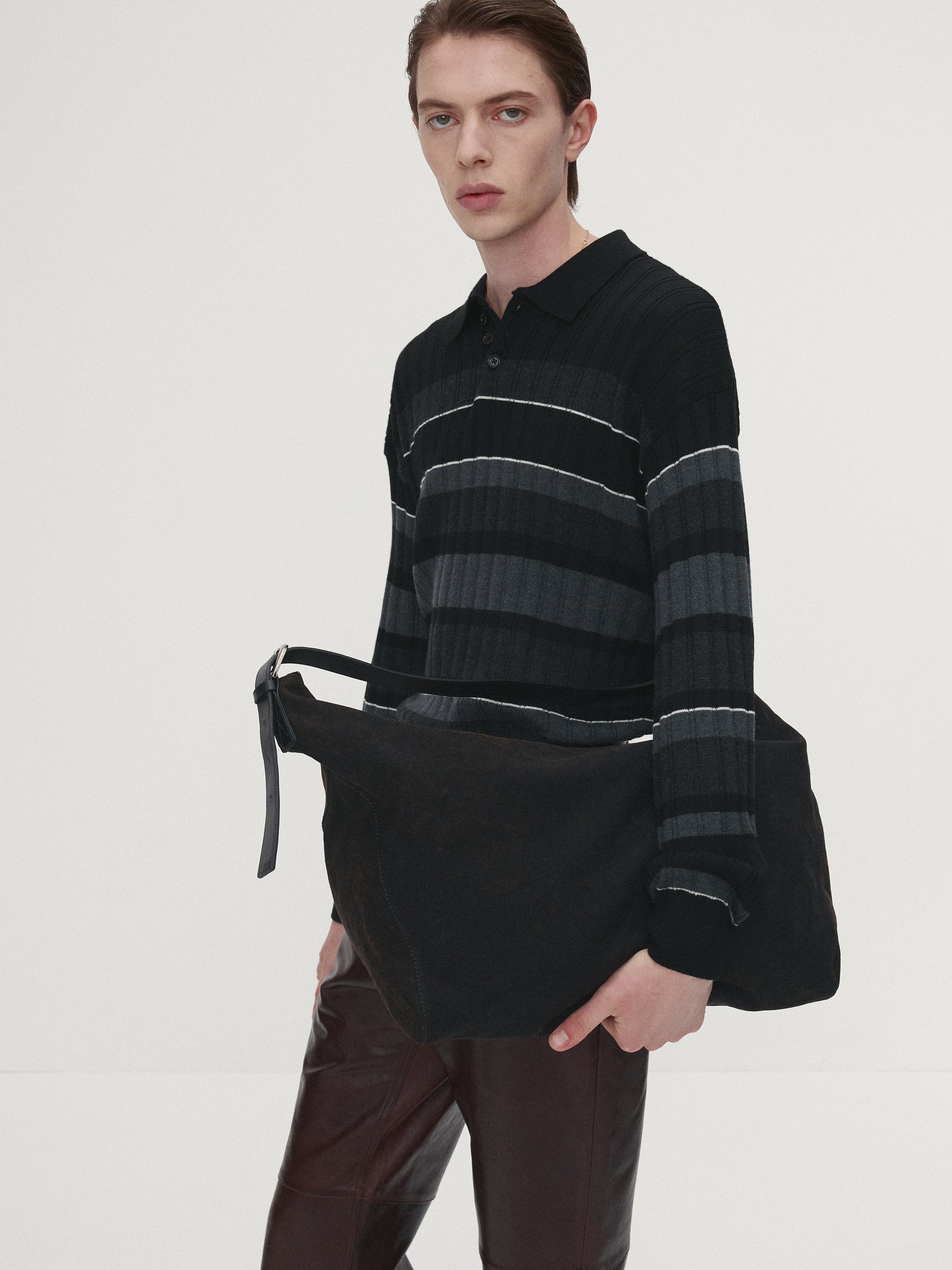 SUPER FINE WOOL RIBBED STRIPE POLO KNIT_ BLACK/GREY