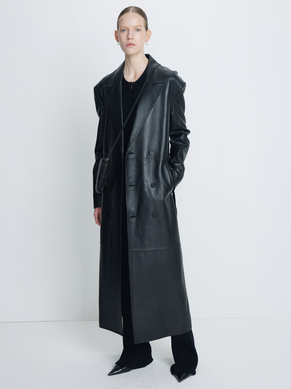 (W) NAPPA LEATHER DOUBLE-BREASTED COAT_ BLACK