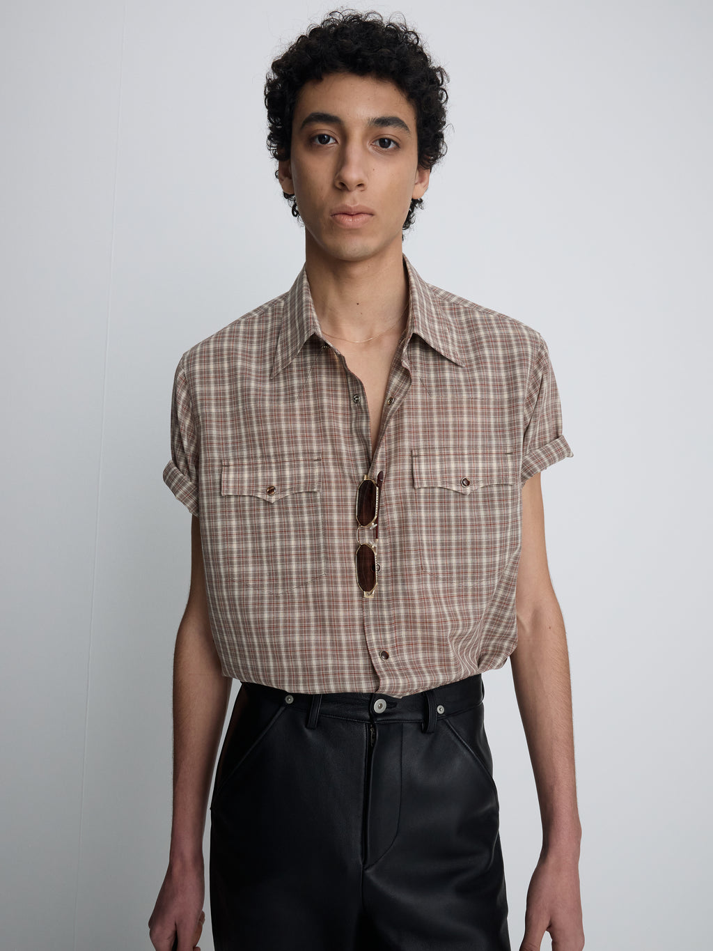CHECKED COTTON BLEND WESTERN SHIRT_ TAUPE/AMBER