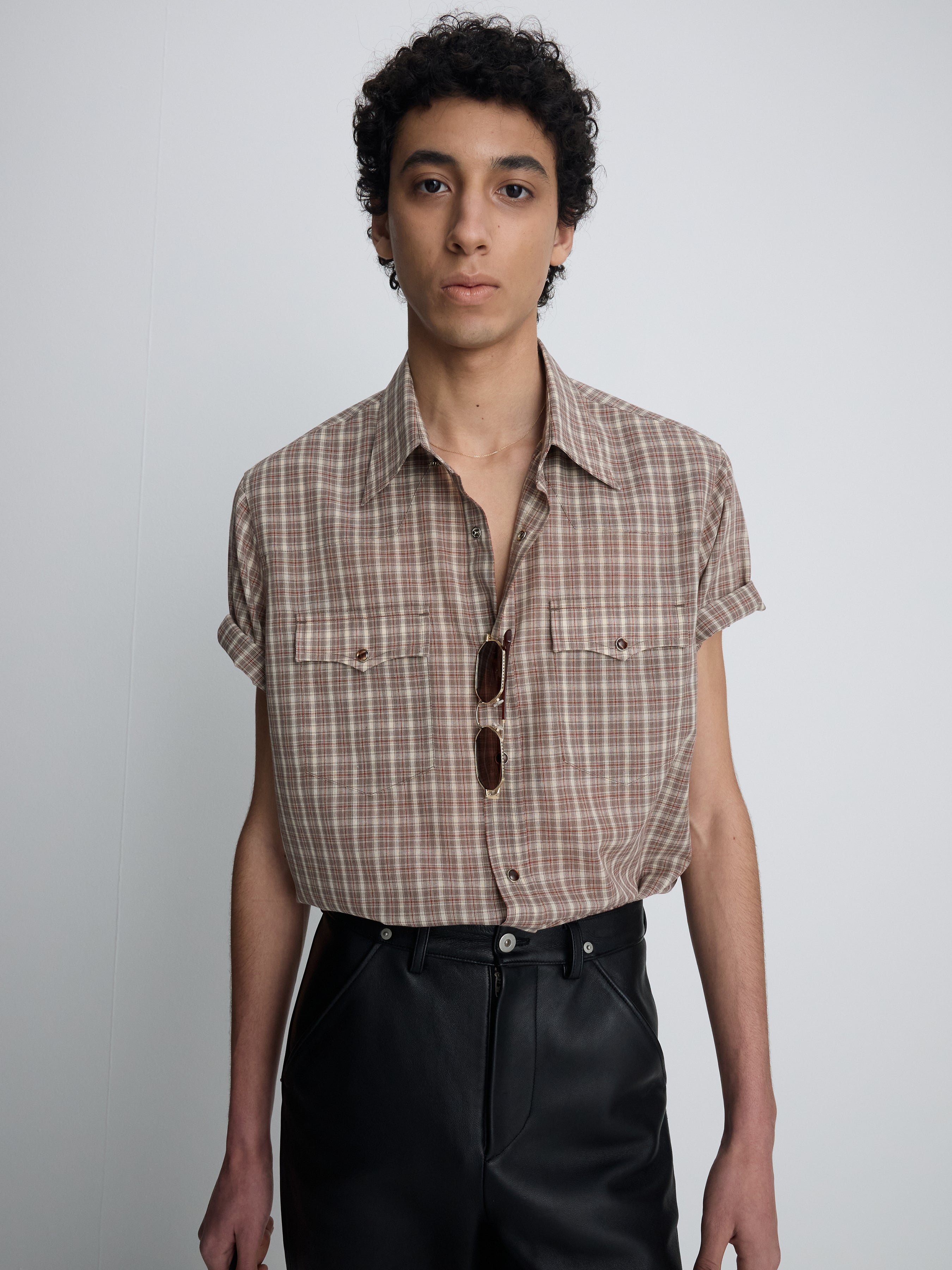 CHECKED COTTON BLEND WESTERN SHIRT_ TAUPE/AMBER