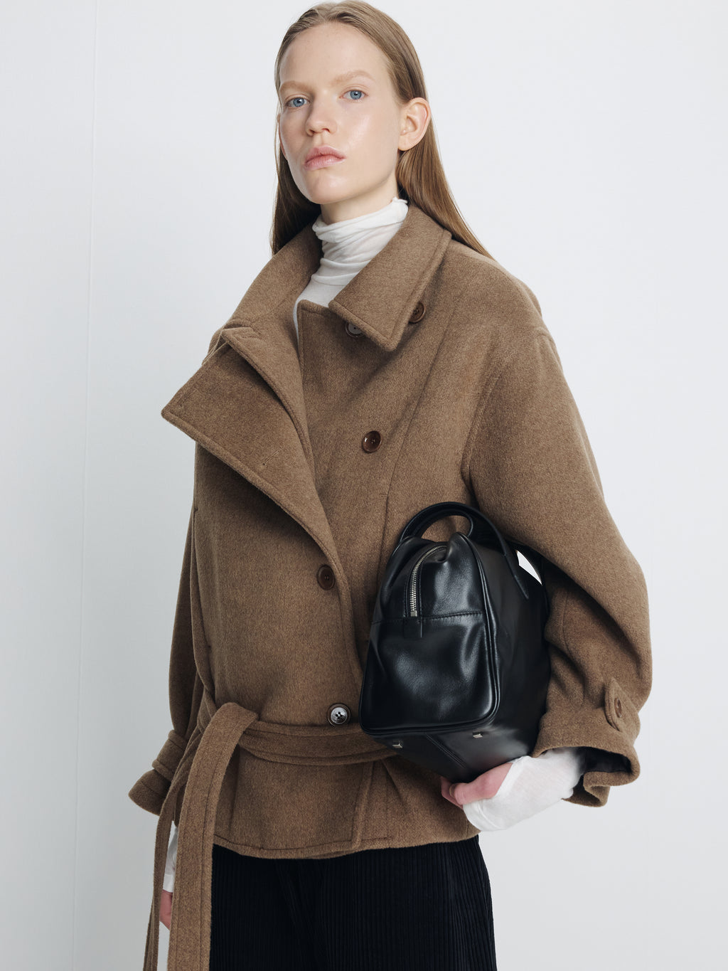 (W) WOOL ASYMMETRICAL SHORT COAT_ OLIVE BROWN