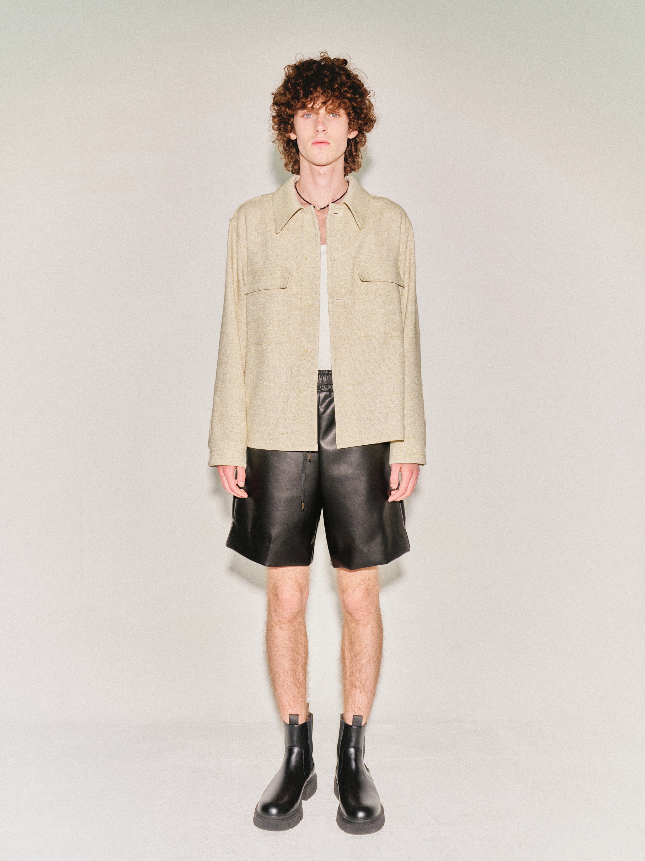 Wool and Lyocell Natural Tweed Shirt Jacket_ Sage Beige