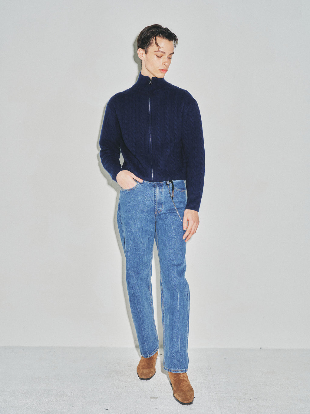 Super Fine Wool Cable Knit Zip-up_ Navy Blue