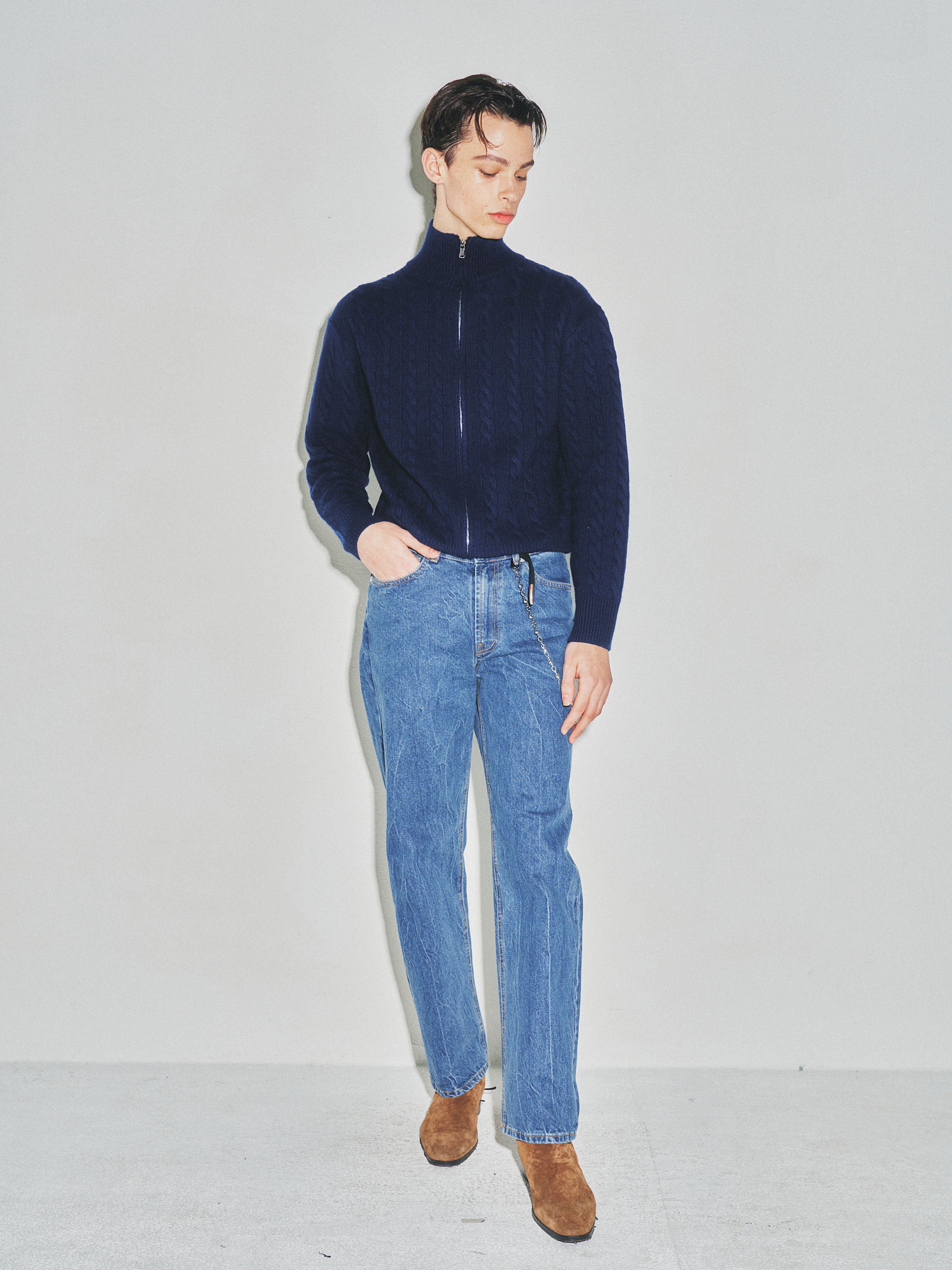 Super Fine Wool Cable Knit Zip-up_ Navy Blue