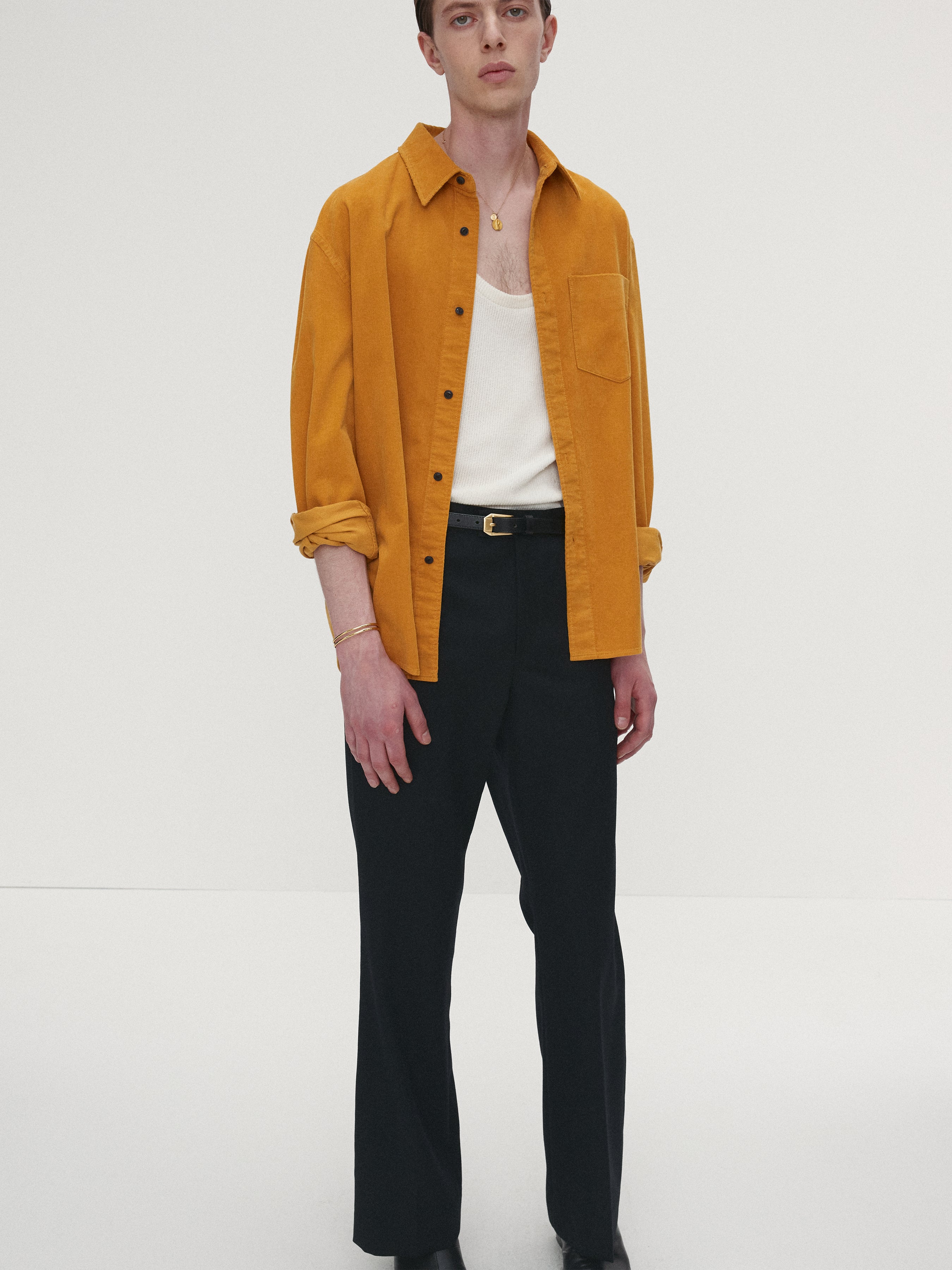 WASHED CORDUROY DISTRESSED SHIRT_ MUSTARD