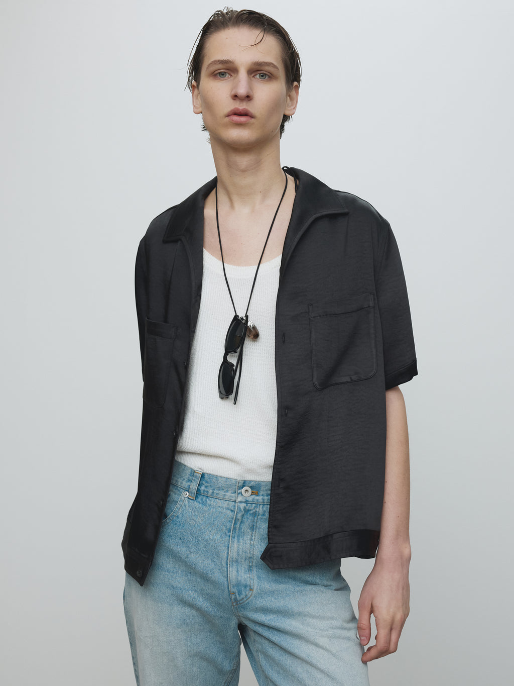 ONE PIECE COLLAR HALF SLEEVE SHIRT_ BLACK