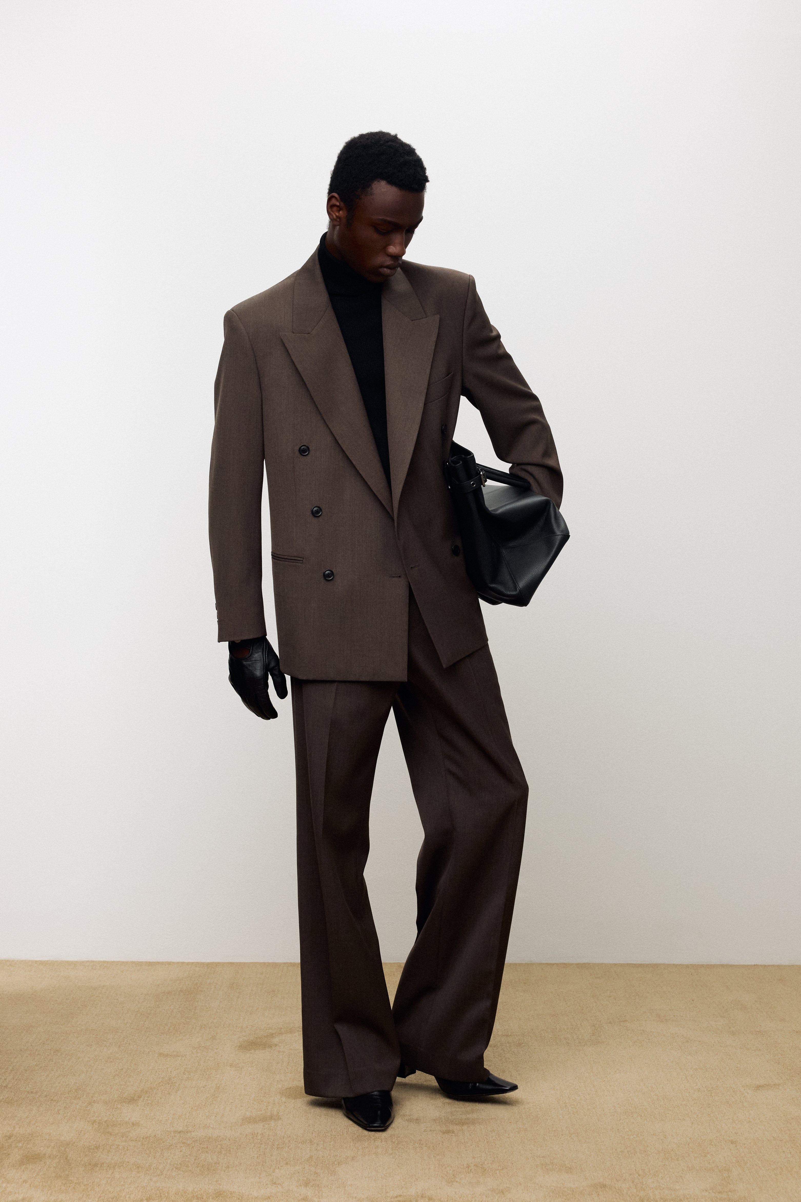 MELANGE WOOL WIDE-LEG PLEATED TROUSERS_ HAZELNUT