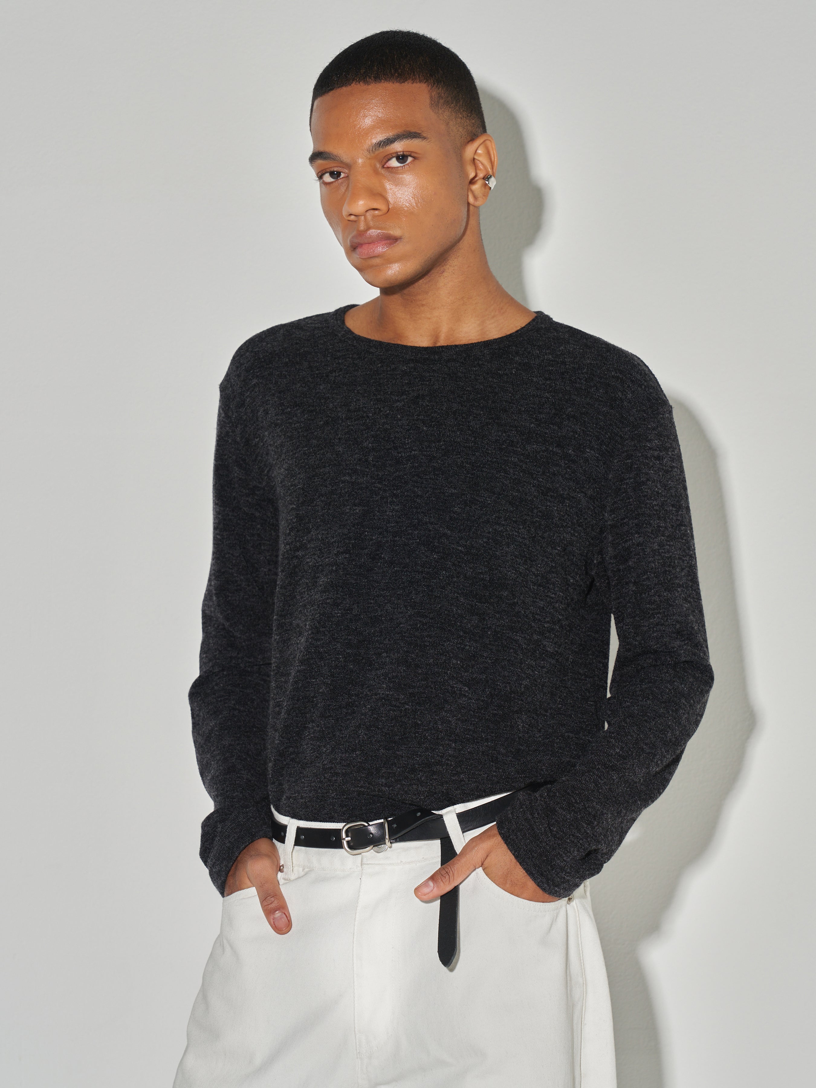 Twist-melange Long Sleeve Knit_ Melange Charcoal