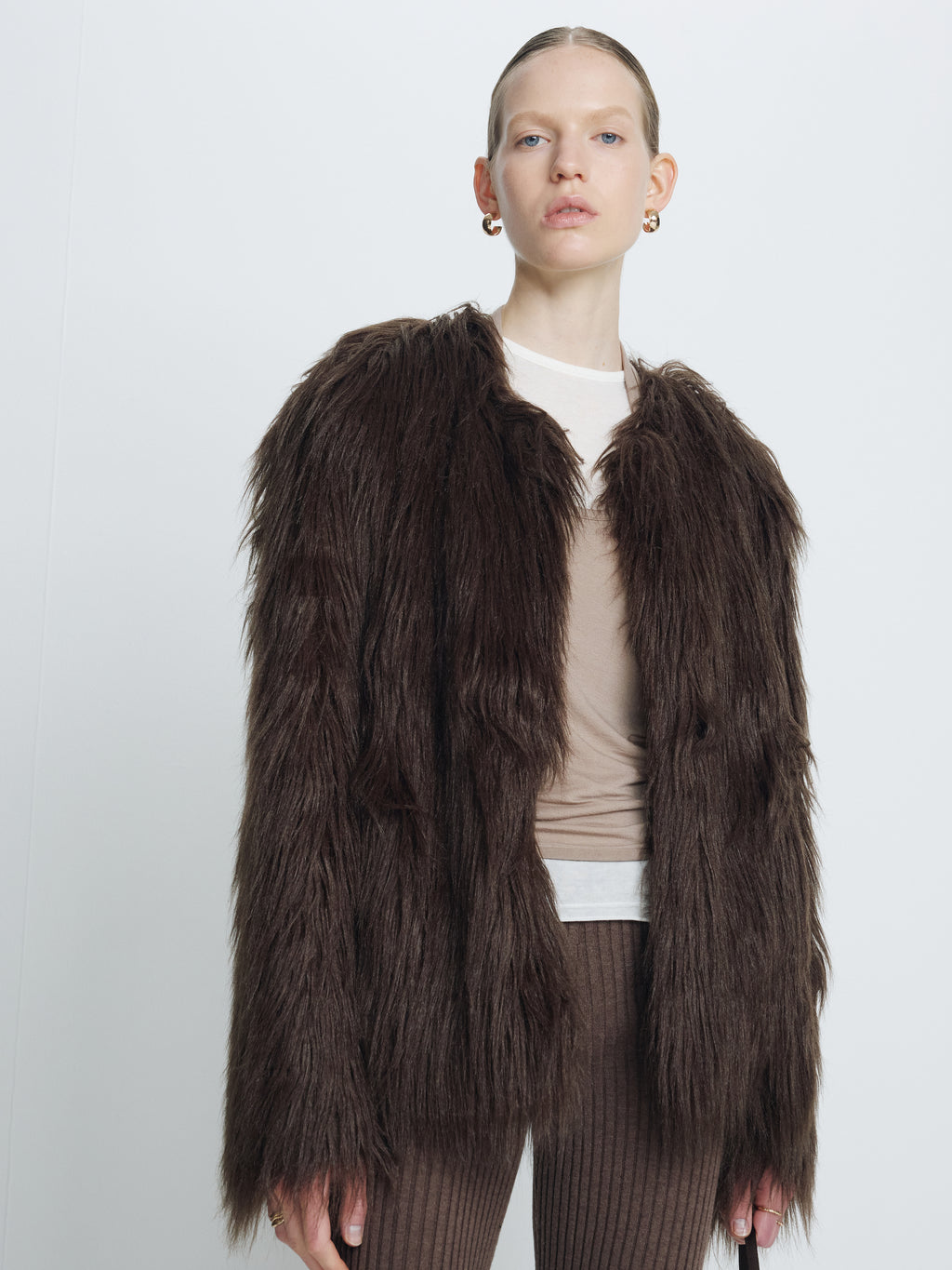 (W) LONG HAIR FAUX FUR JACKET_ BROWN