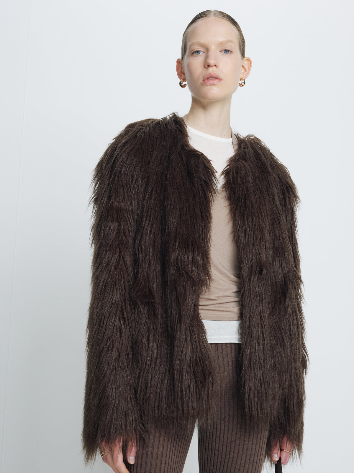 (W) LONG HAIR FAUX FUR JACKET_ BROWN