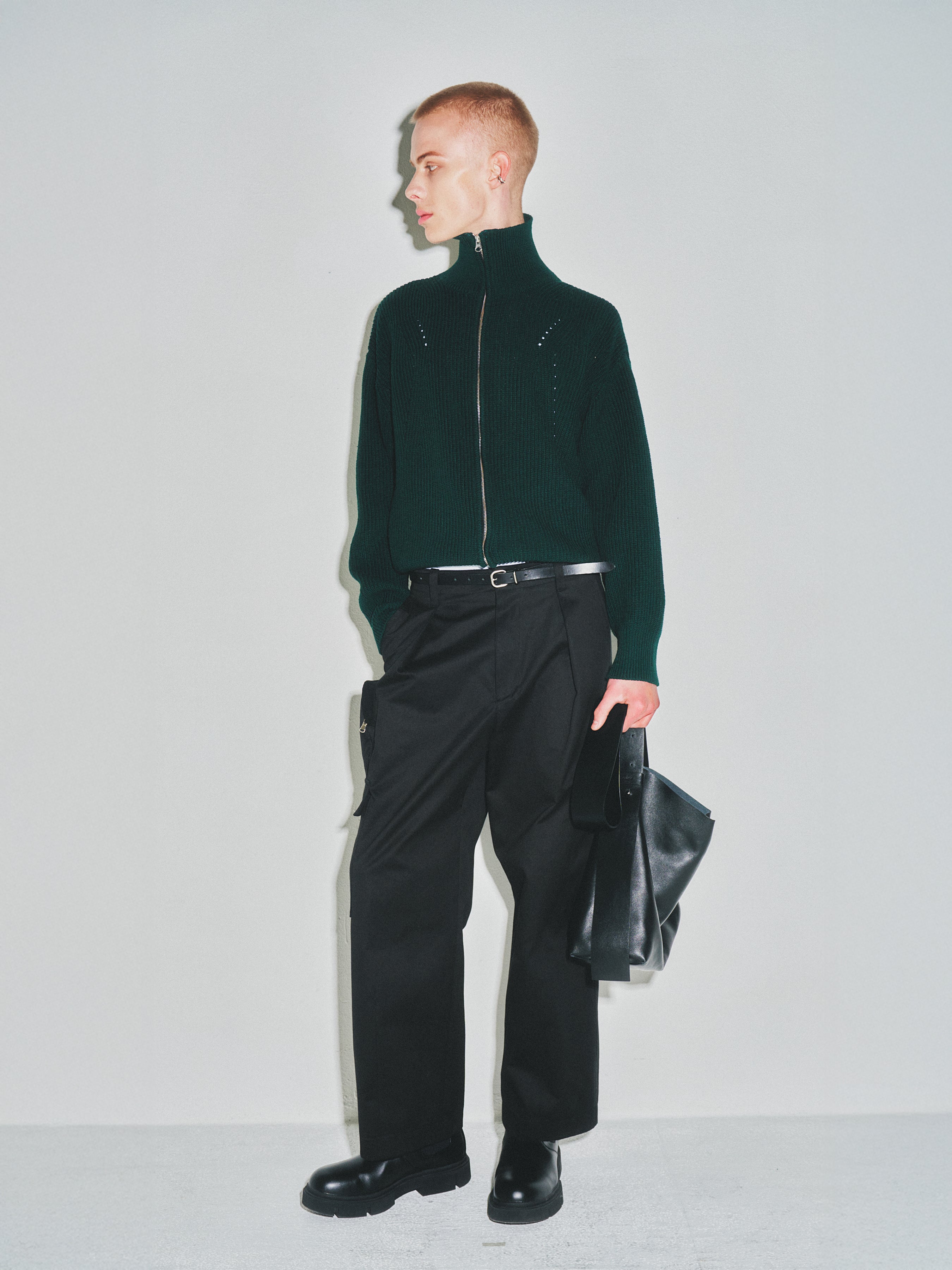 Italian Cotton Hard Twist Zip-up Knit_ Dark Green