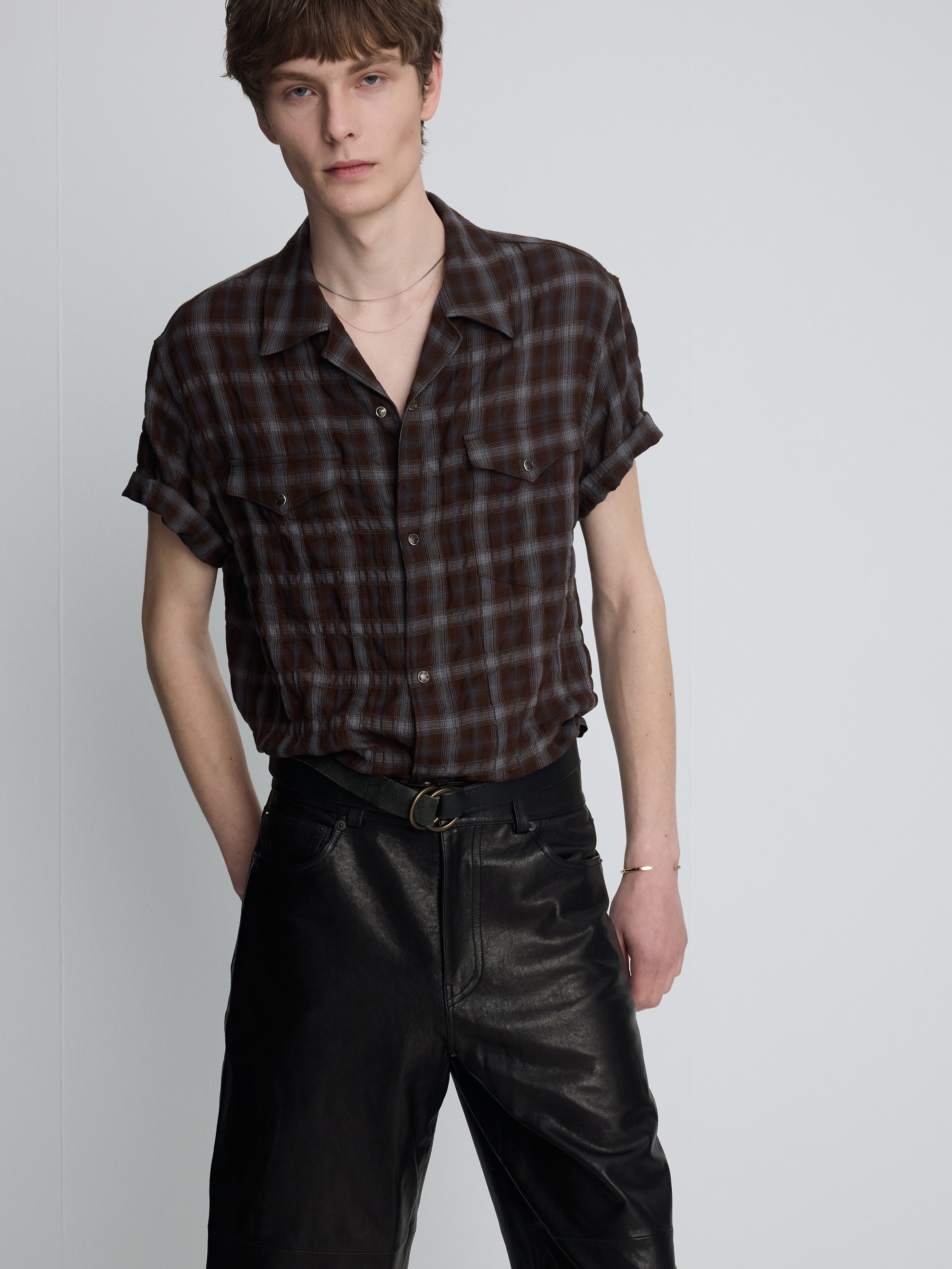 CHECKED COTTON PEARL SNAP SHIRT_ UMBER/SLATE BLUE
