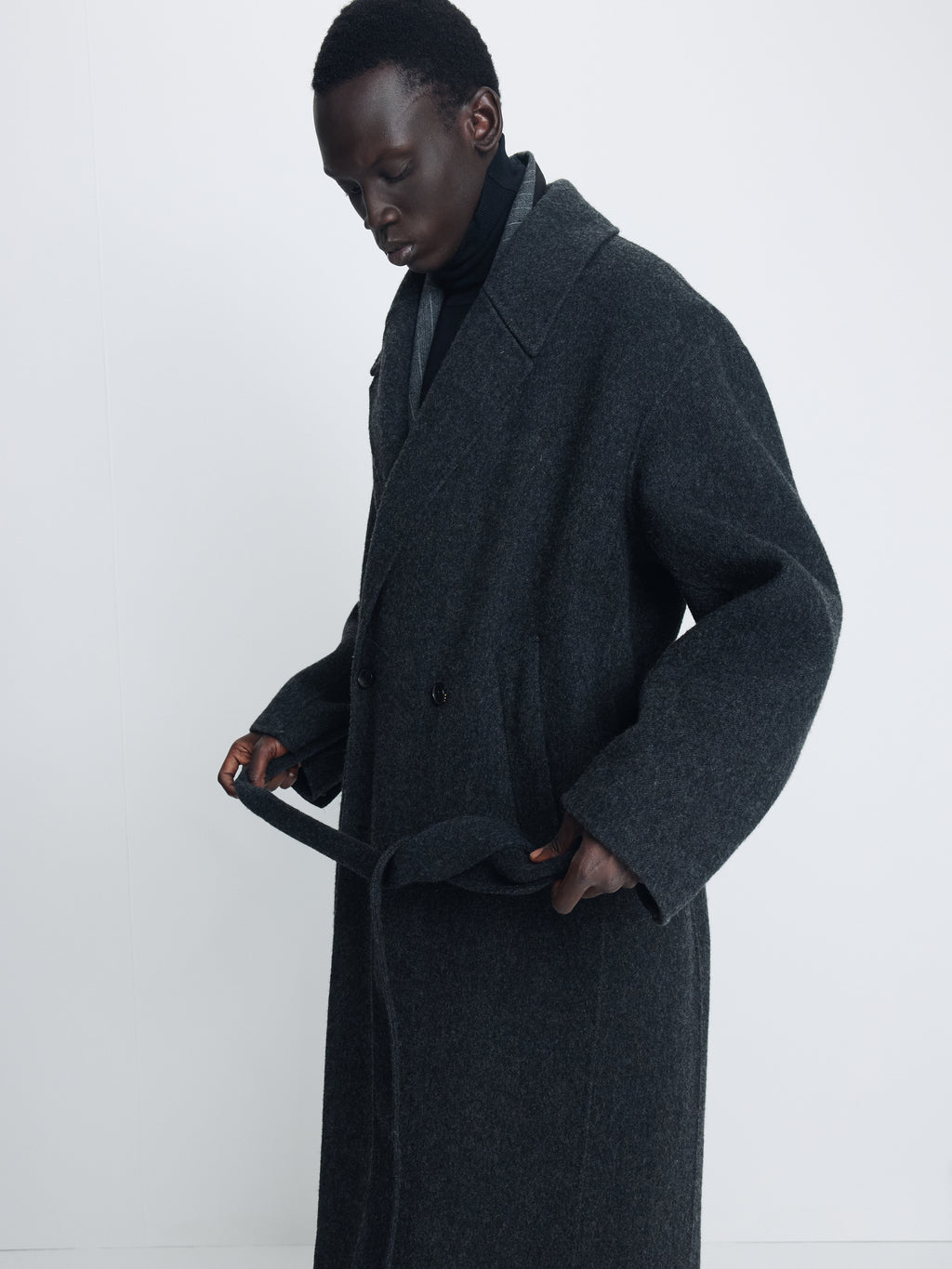 HAND-MADE WOOL BELTED DOUBLE COAT_ MELANGE CHARCOAL
