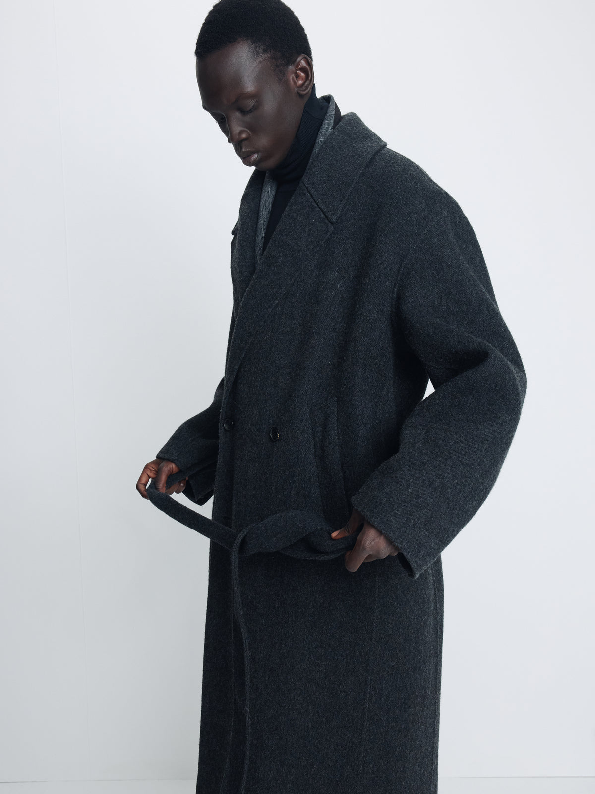 HAND-MADE WOOL BELTED DOUBLE COAT_ MELANGE CHARCOAL