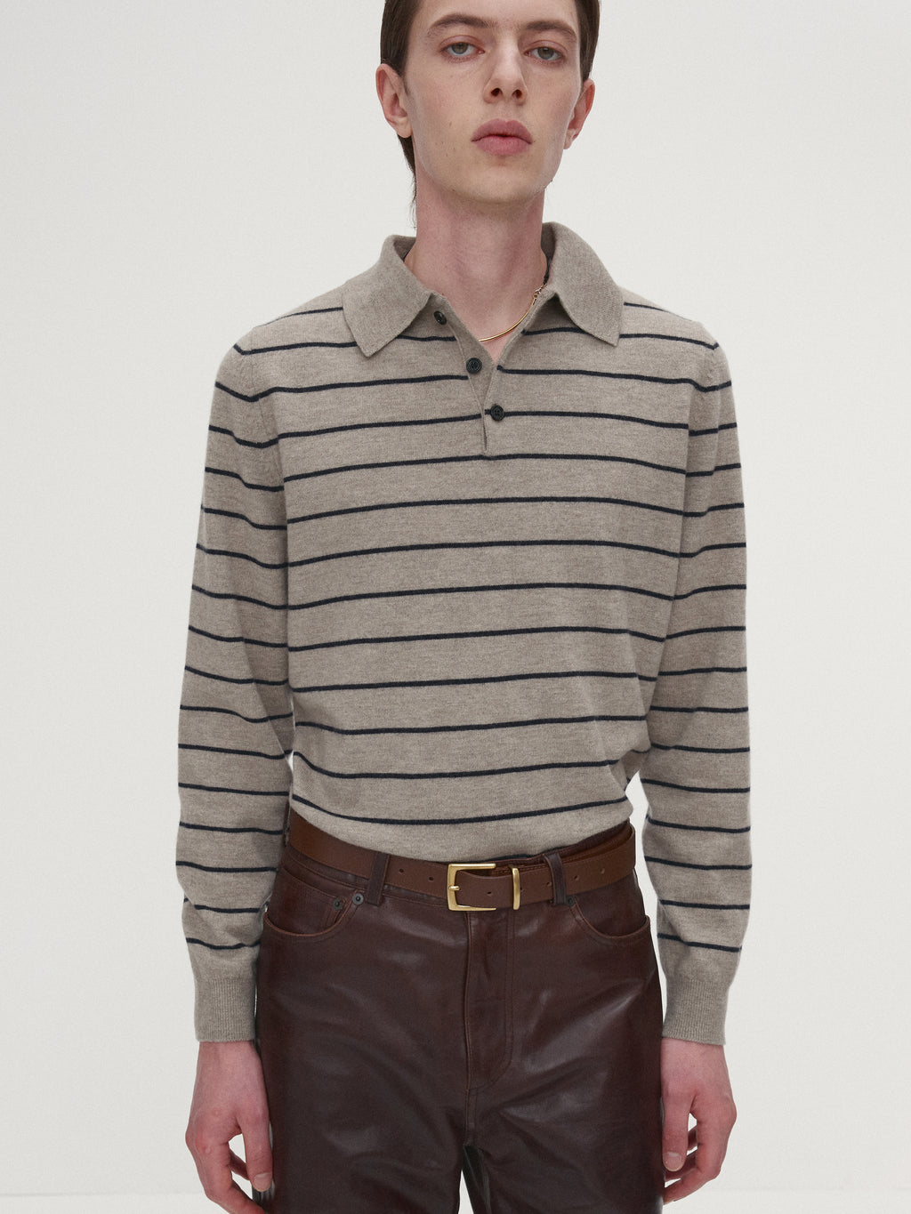 SUPER FINE WOOL STRIPE POLO KNIT_ BEIGE/NAVY