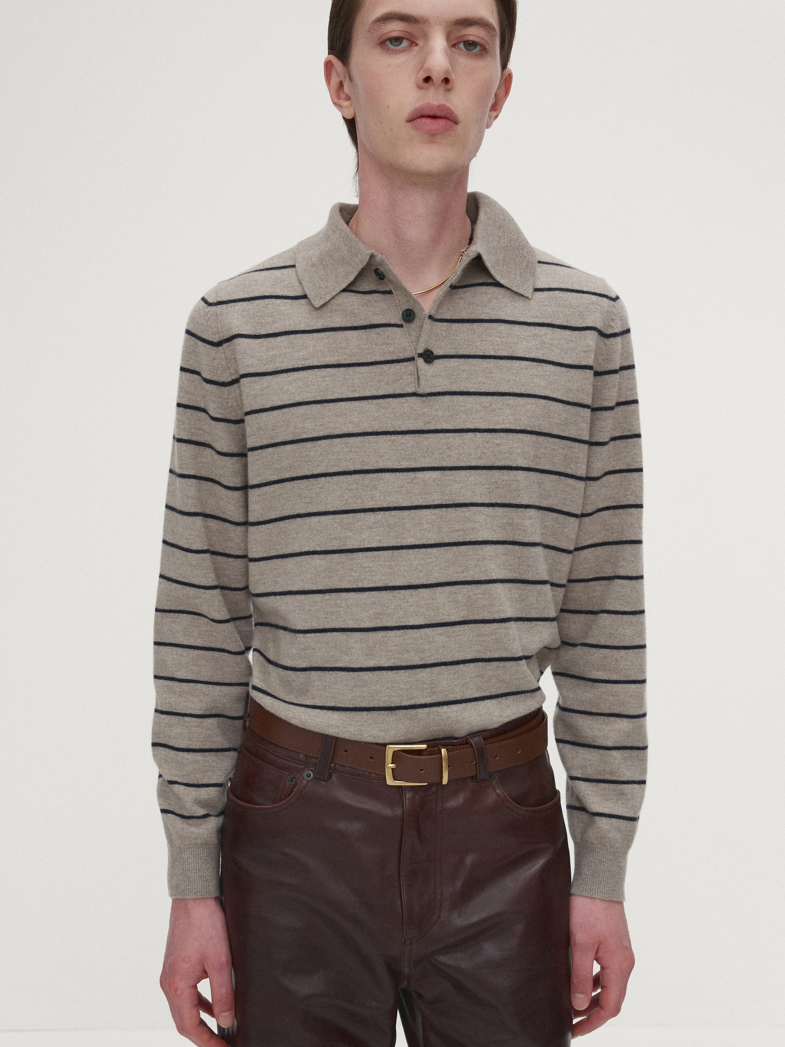 SUPER FINE WOOL STRIPE POLO KNIT_ BEIGE/NAVY