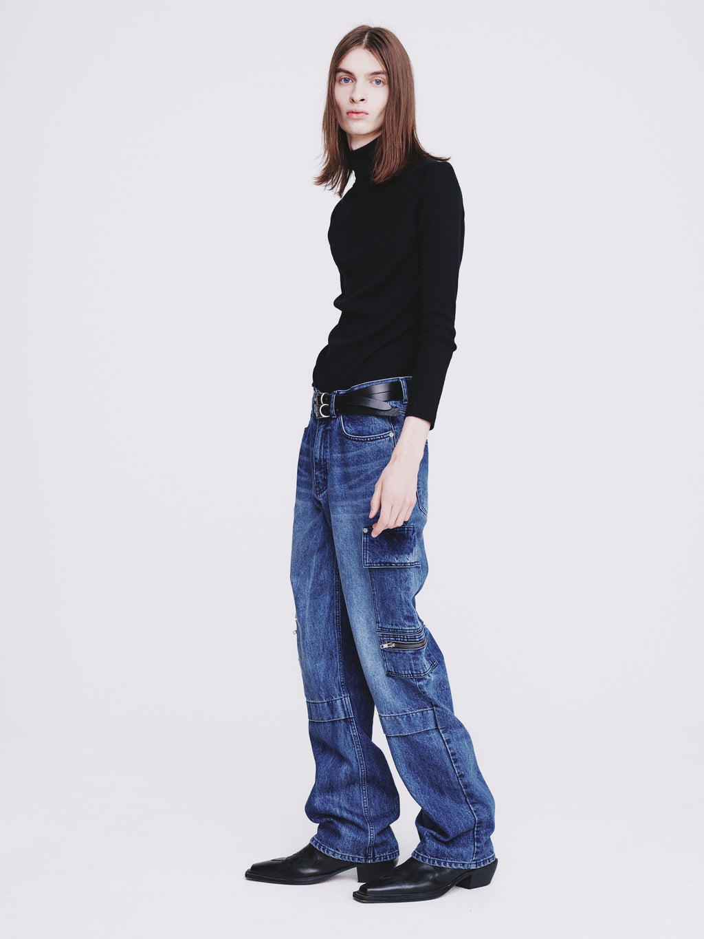 Relaxed Cut Denim Cargo Jeans_ Faded Mid Blue