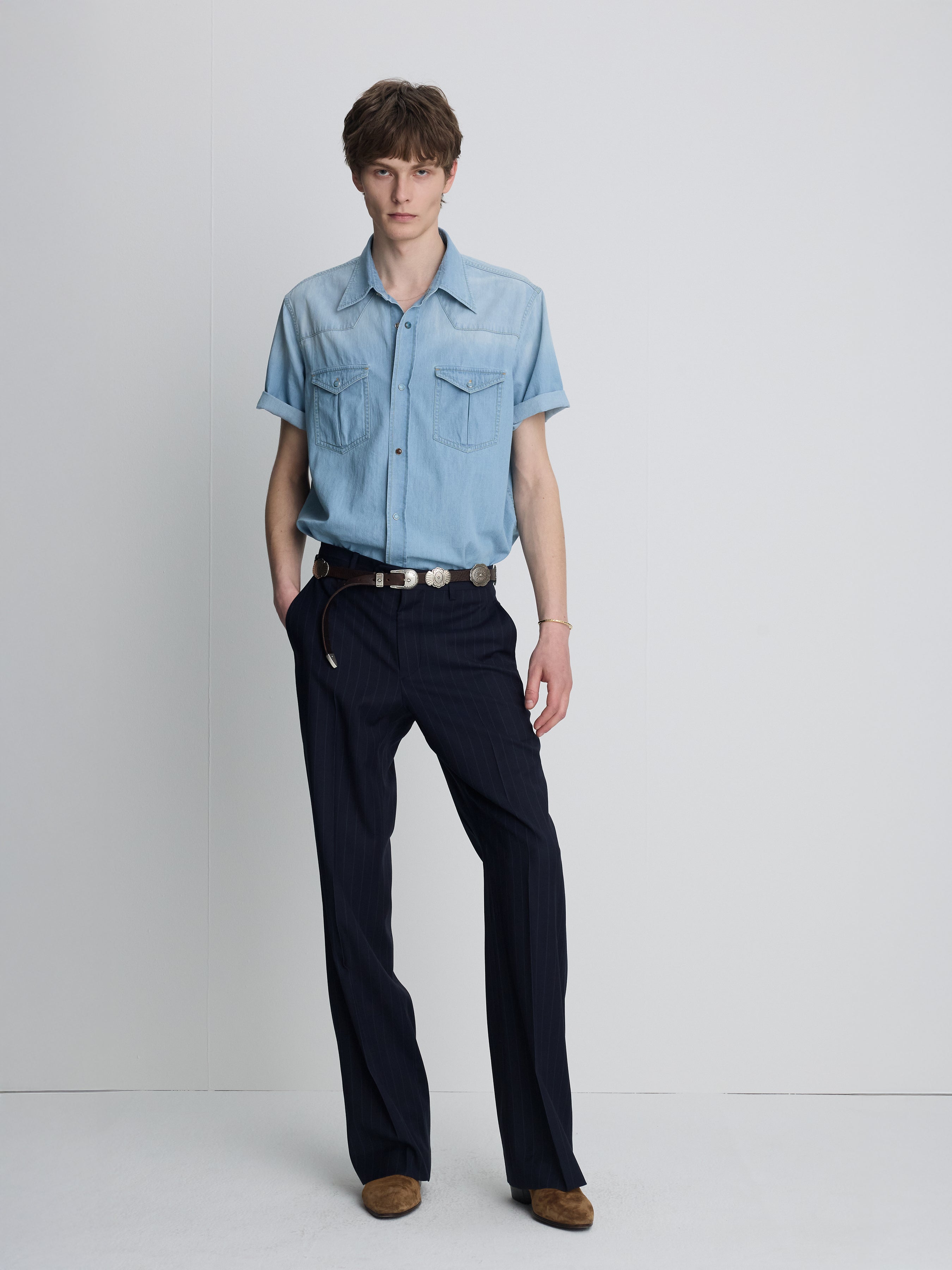 TROPICAL WOOL FLARED TROUSERS_ NAVY STRIPE