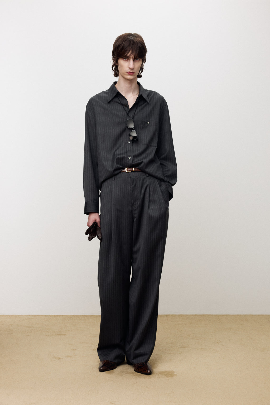 STRIPED WOOL DOUBLE-PLEATS WIDE TROUSERS_ GREY PINSTRIPE