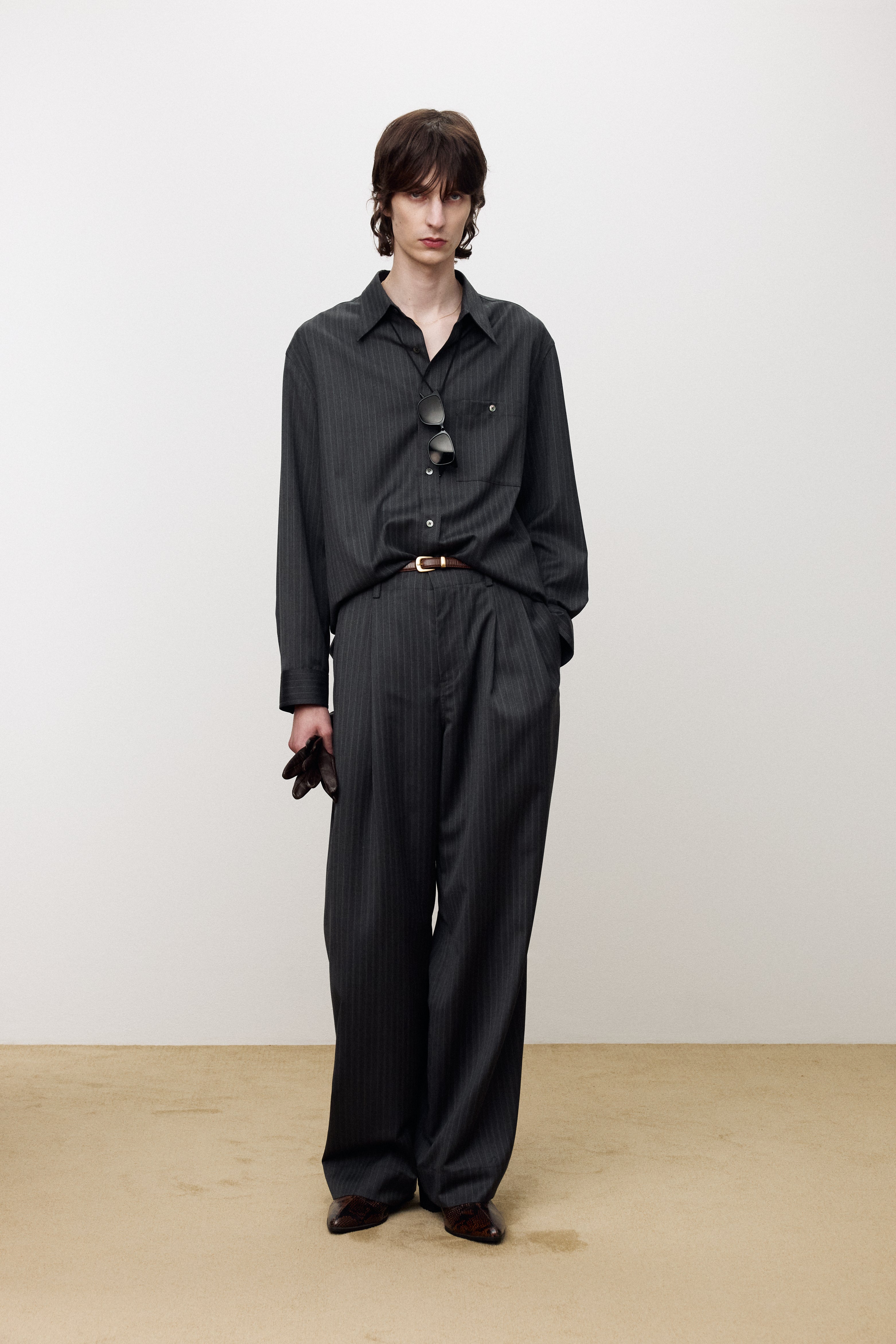 STRIPED WOOL DOUBLE-PLEATS WIDE TROUSERS_ GREY PINSTRIPE